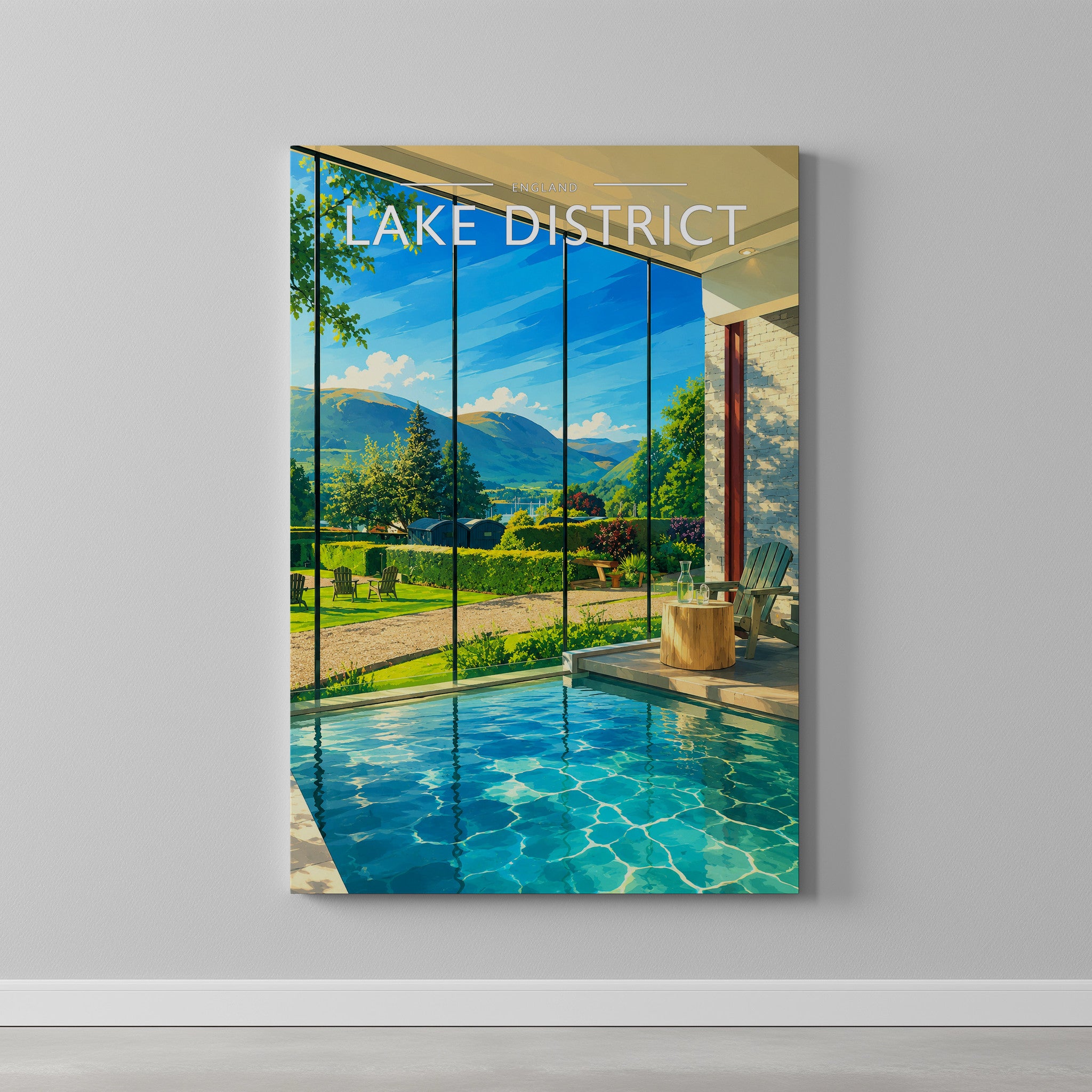 Lake District Travel Poster as a gallery-wrapped canvas on a plain wall