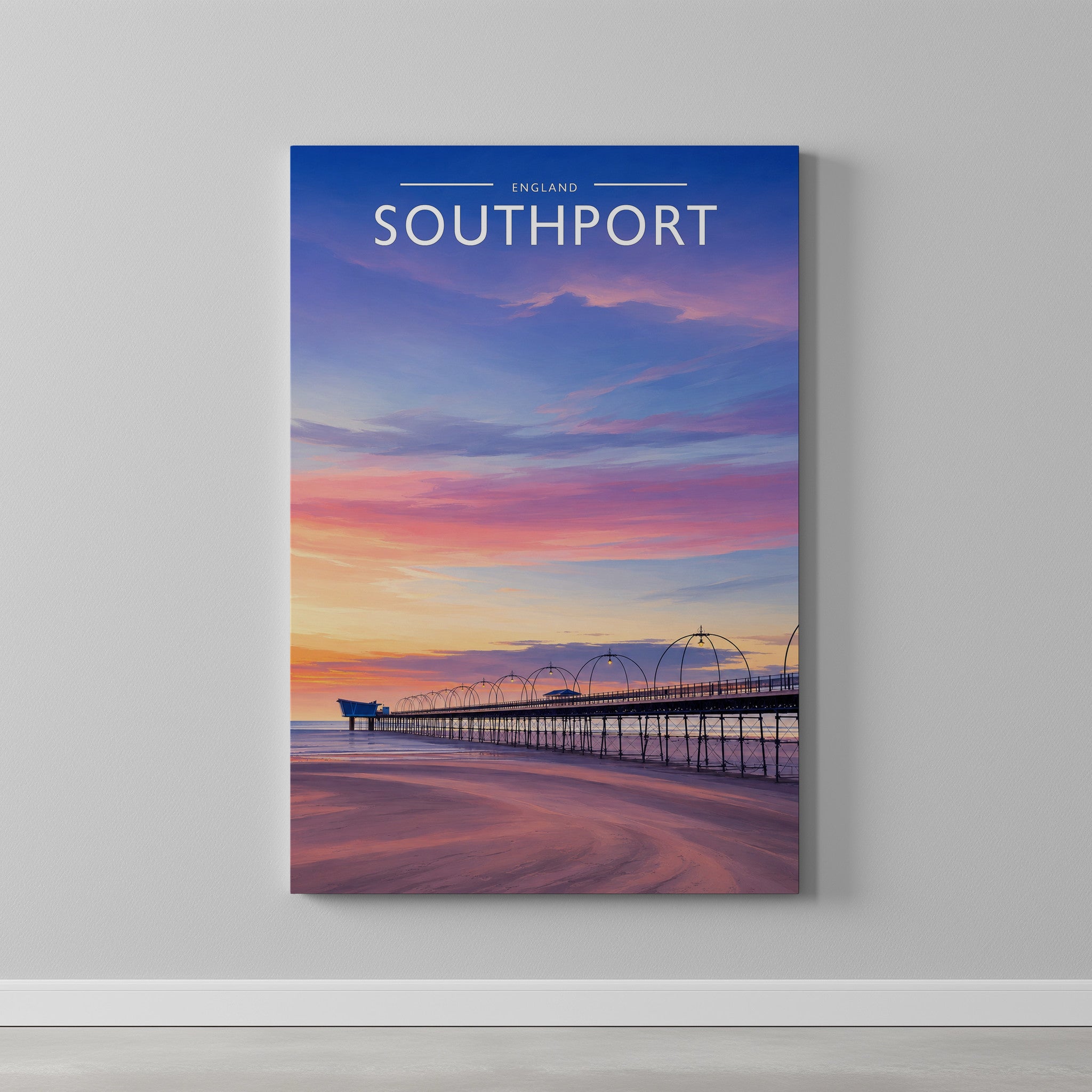 Southport #2 Travel Poster as a gallery-wrapped canvas on a plain wall
