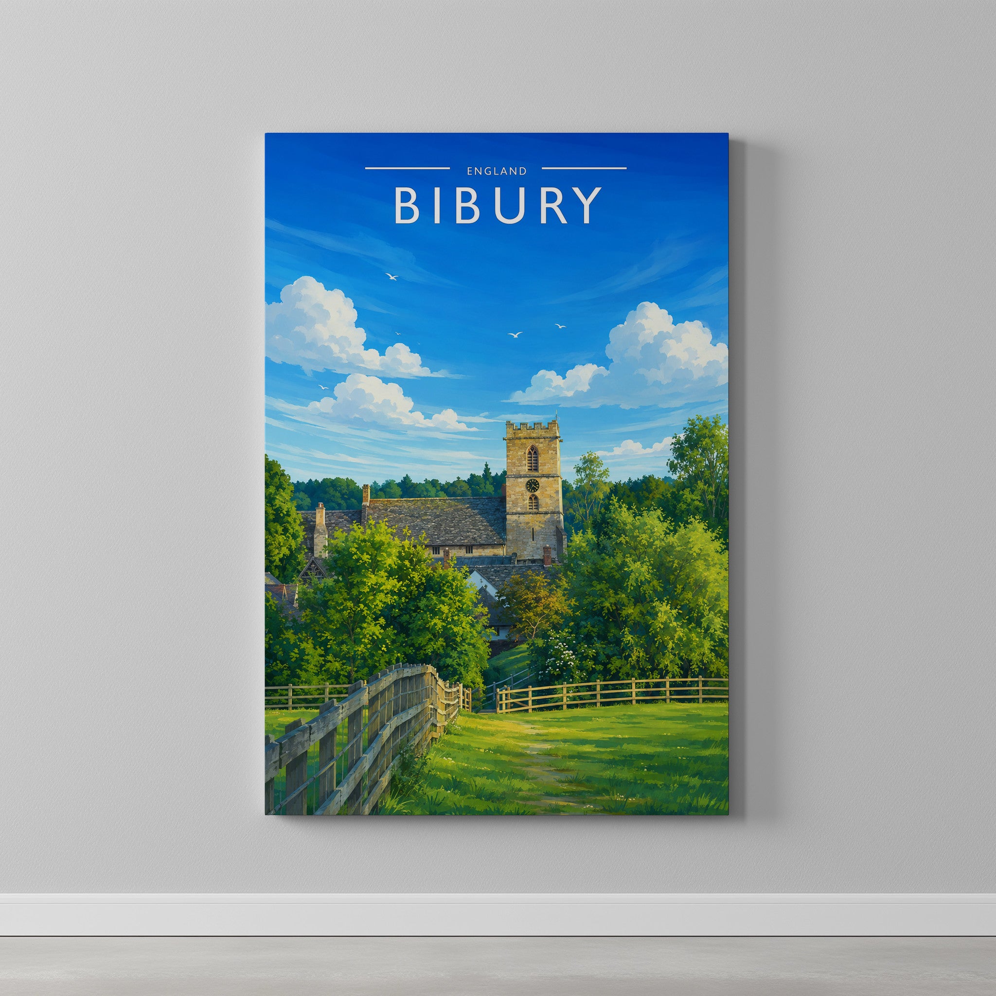 Bibury #2 Travel Poster as a gallery-wrapped canvas on a plain wall