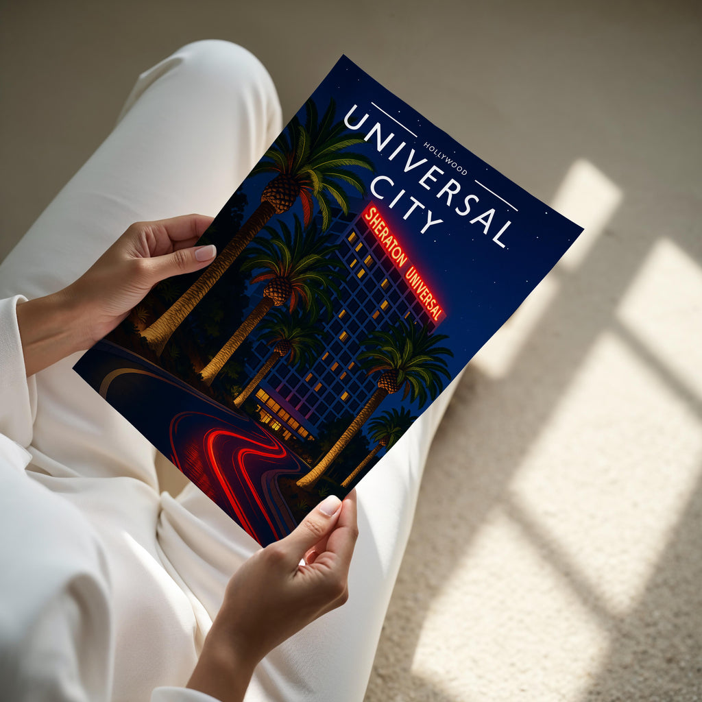 Universal City Travel Poster - A4 print held in hand