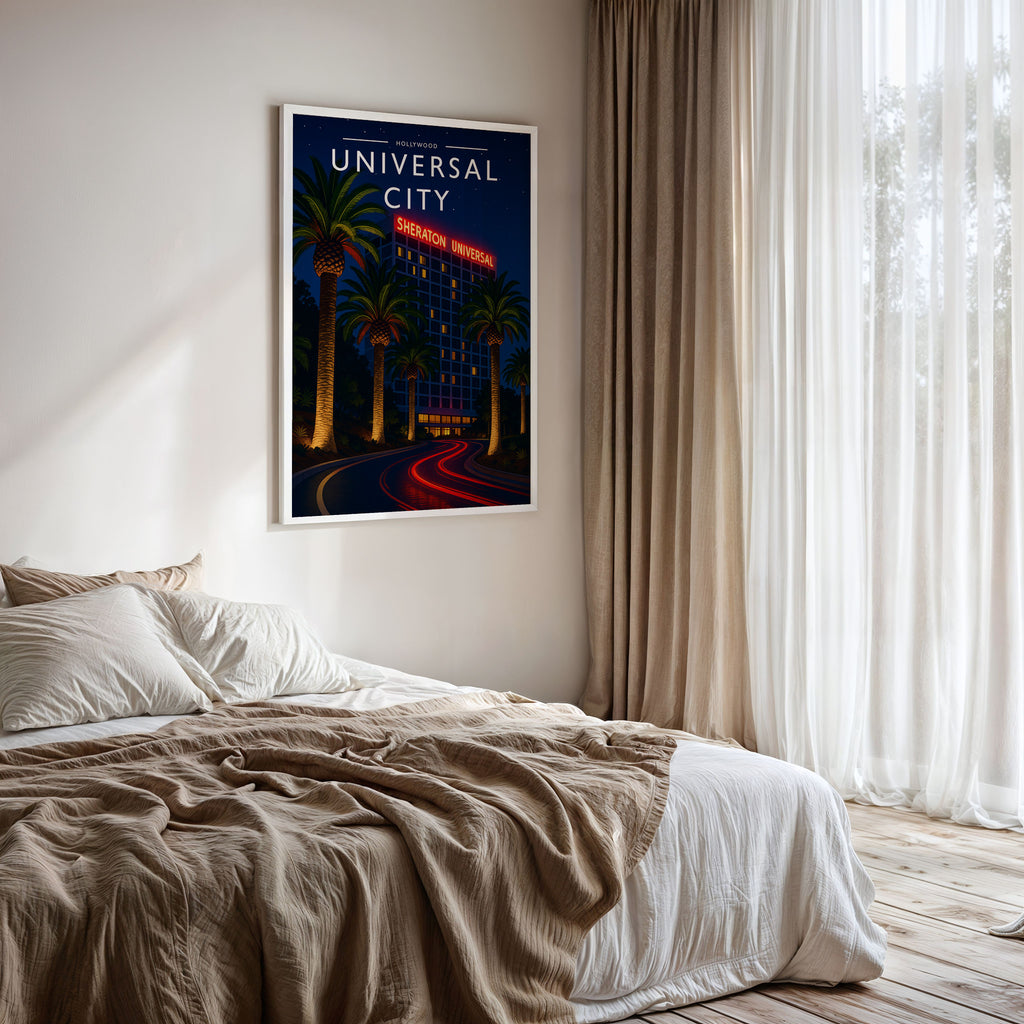 Universal City Travel Poster framed on a bedroom wall