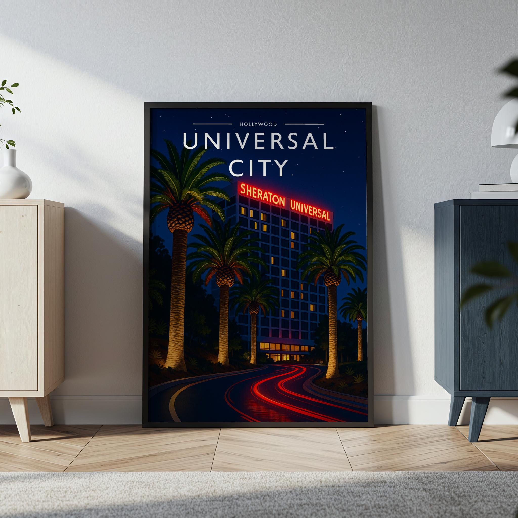 Universal City Travel Poster in a black frame