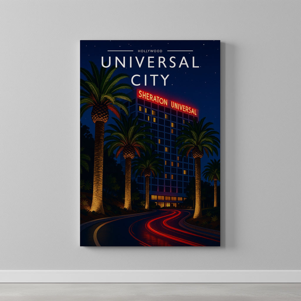 Universal City Travel Poster as a gallery-wrapped canvas on a plain wall