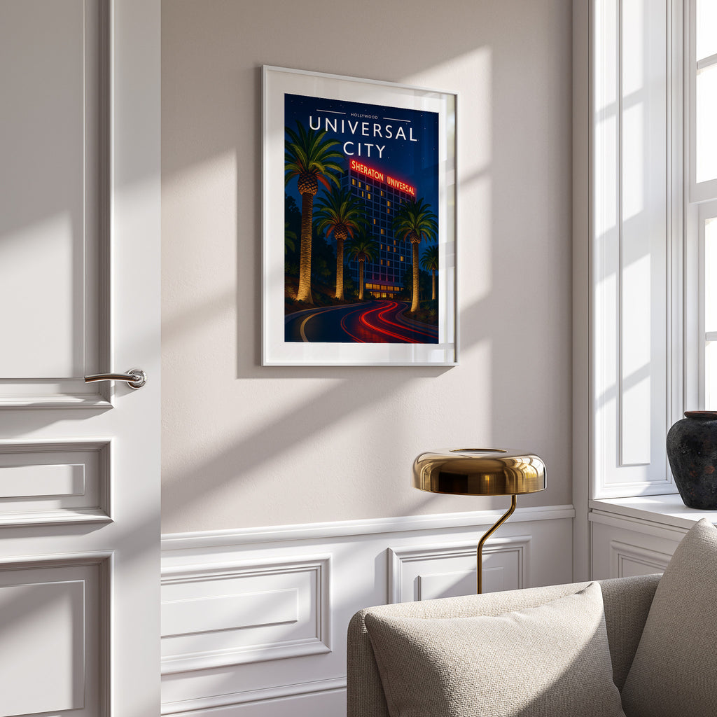 Universal City Travel Poster in a white frame on a panelled wall