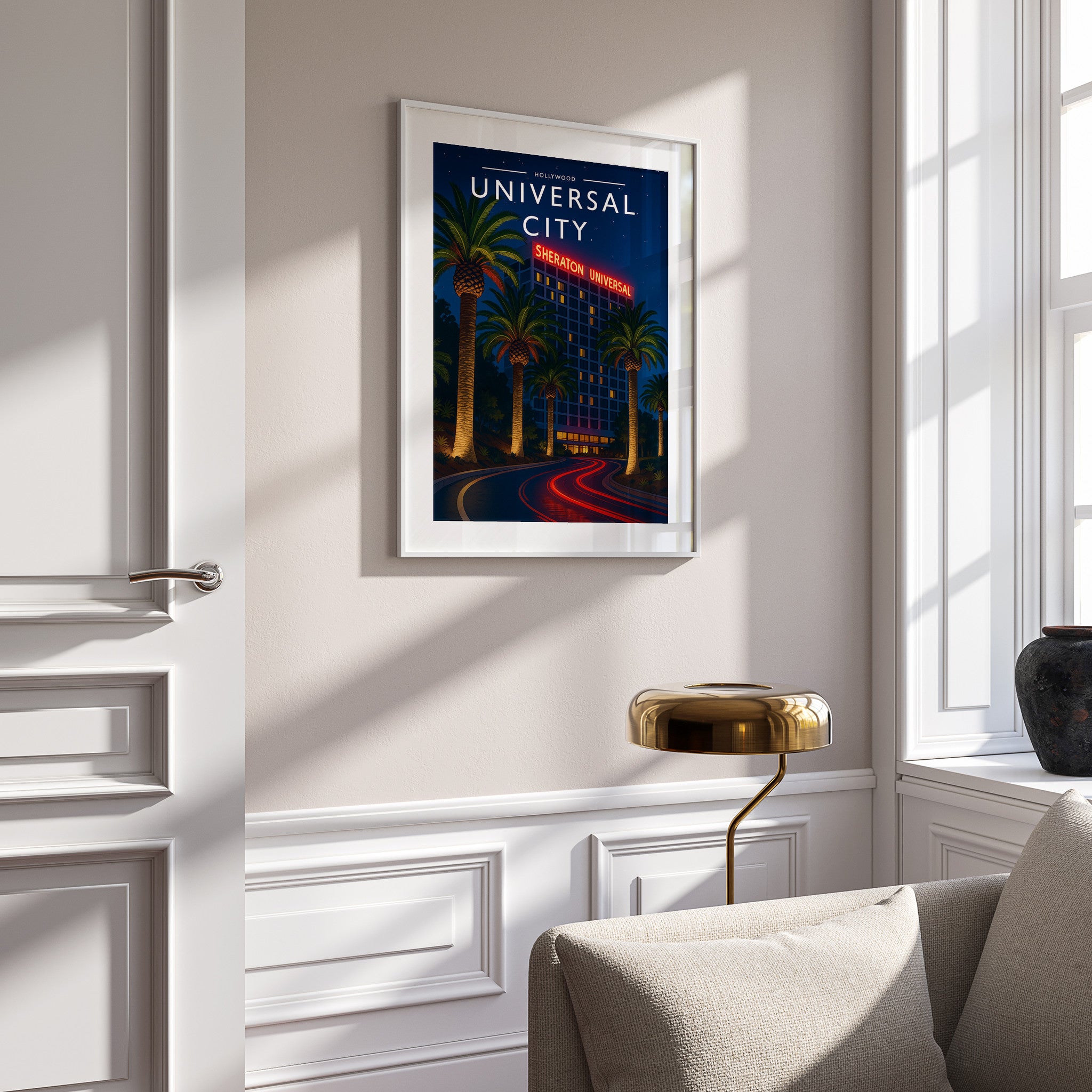 Universal City Travel Poster in a white frame on a panelled wall