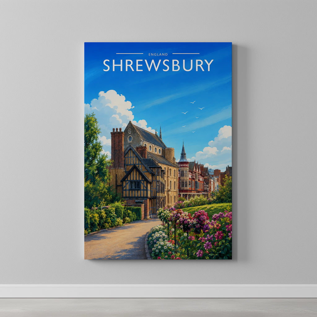 Shrewsbury #2 Travel Poster as a gallery-wrapped canvas on a plain wall