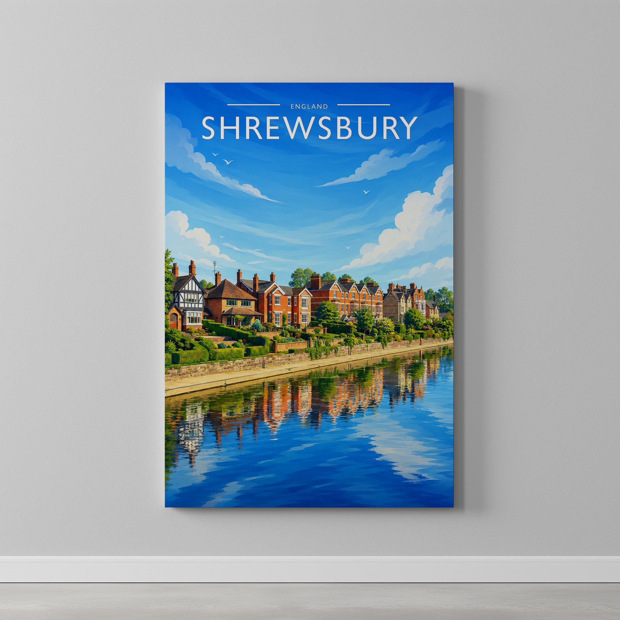 Shrewsbury #3 Travel Poster as a gallery-wrapped canvas on a plain wall