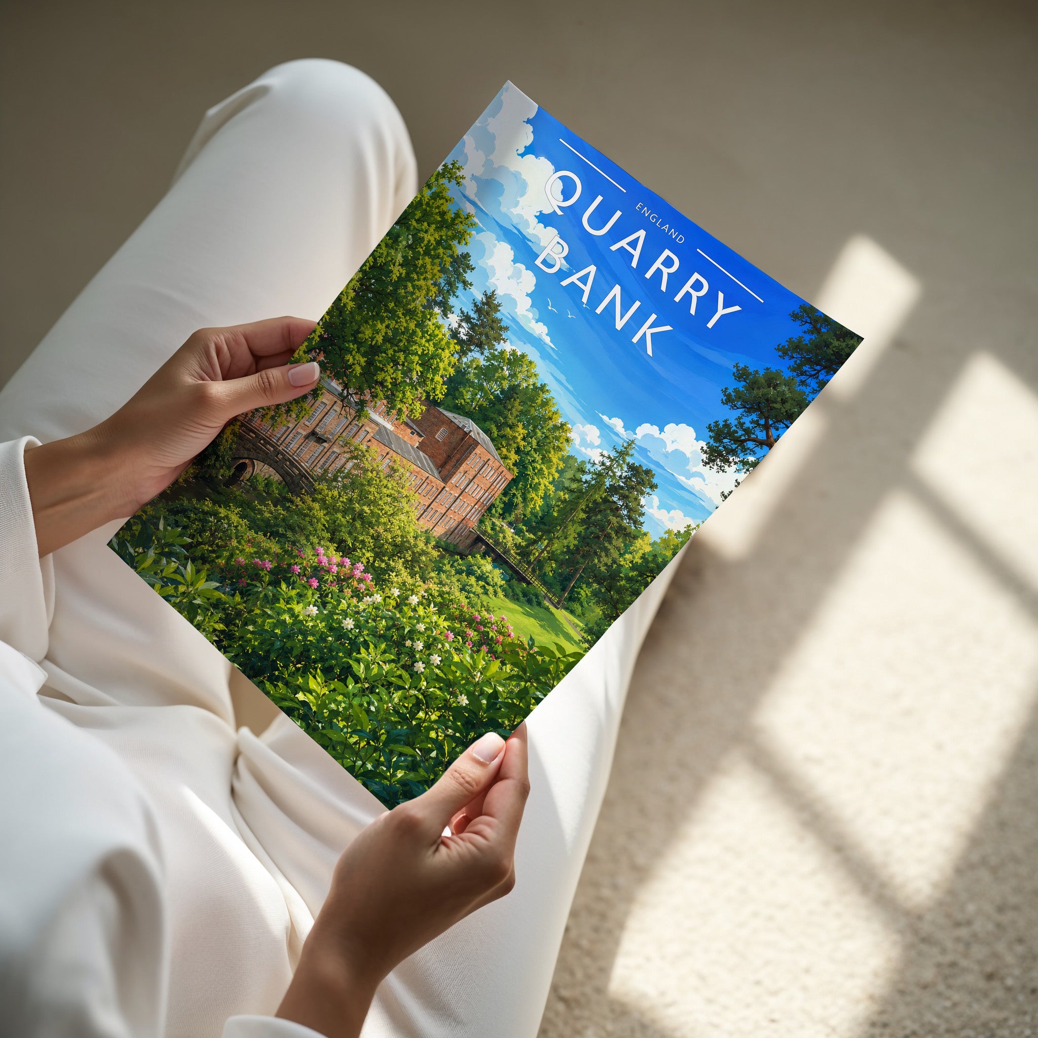 Quarry Bank Travel Poster - A4 print in hand
