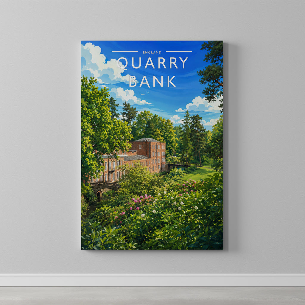 Quarry Bank Travel Poster as a gallery-wrapped canvas on a plain wall