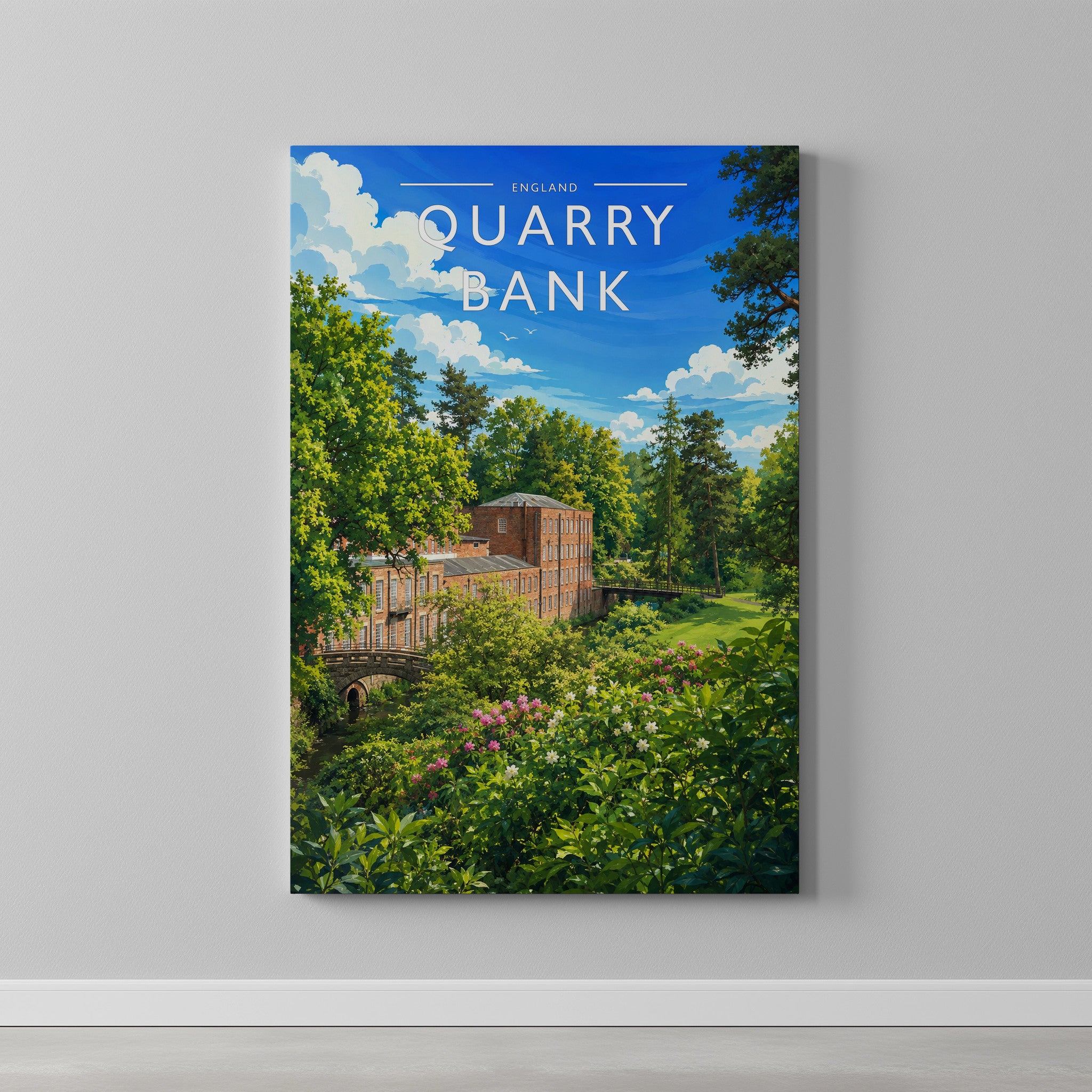 Quarry Bank Travel Poster as a gallery-wrapped canvas on a plain wall