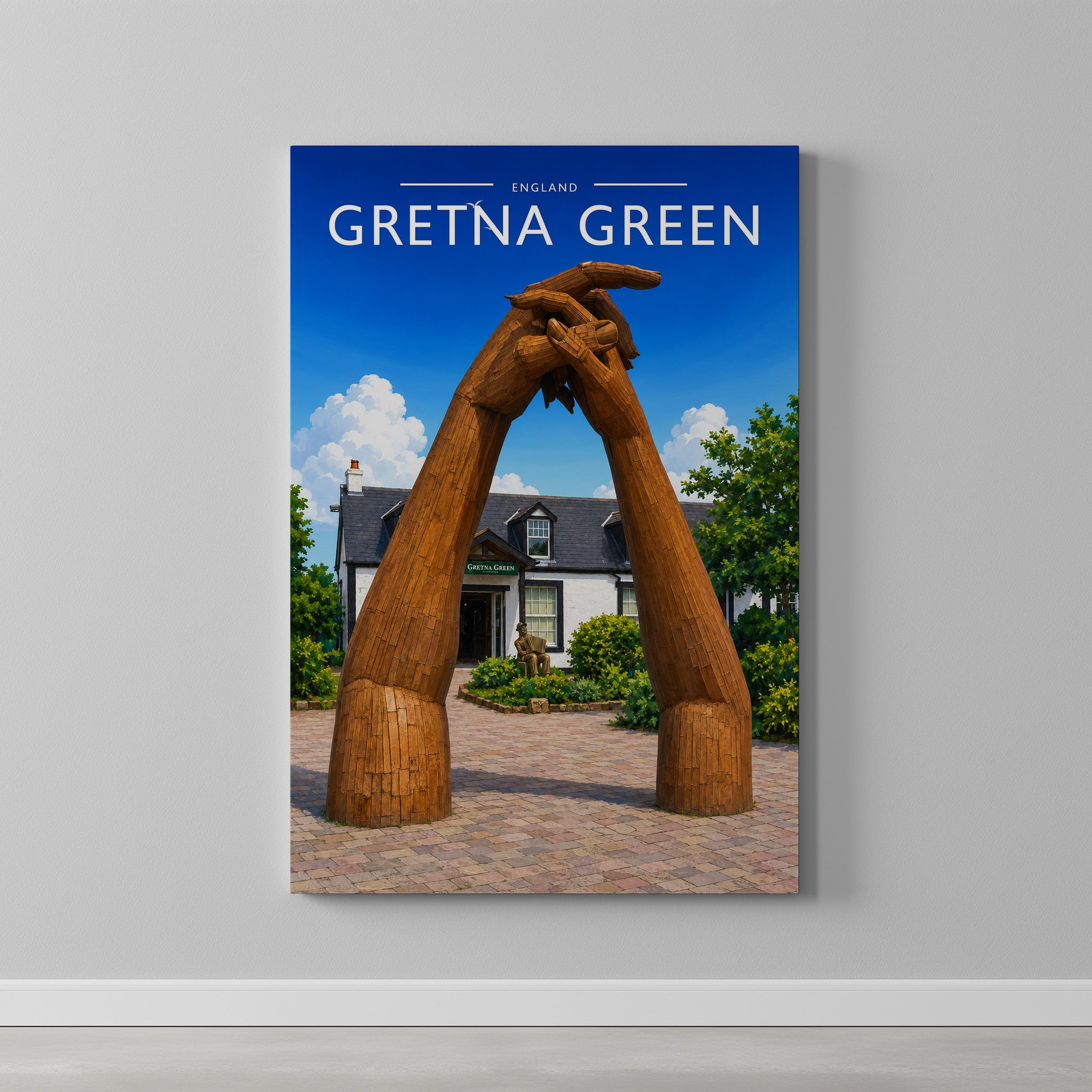 Gretna Green Travel Poster as a gallery-wrapped canvas on a plain wall
