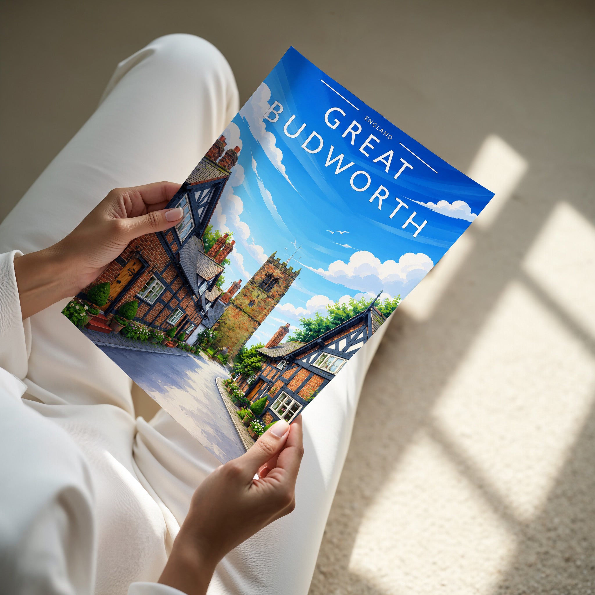 Great Budworth Travel Poster - A4 print in hand