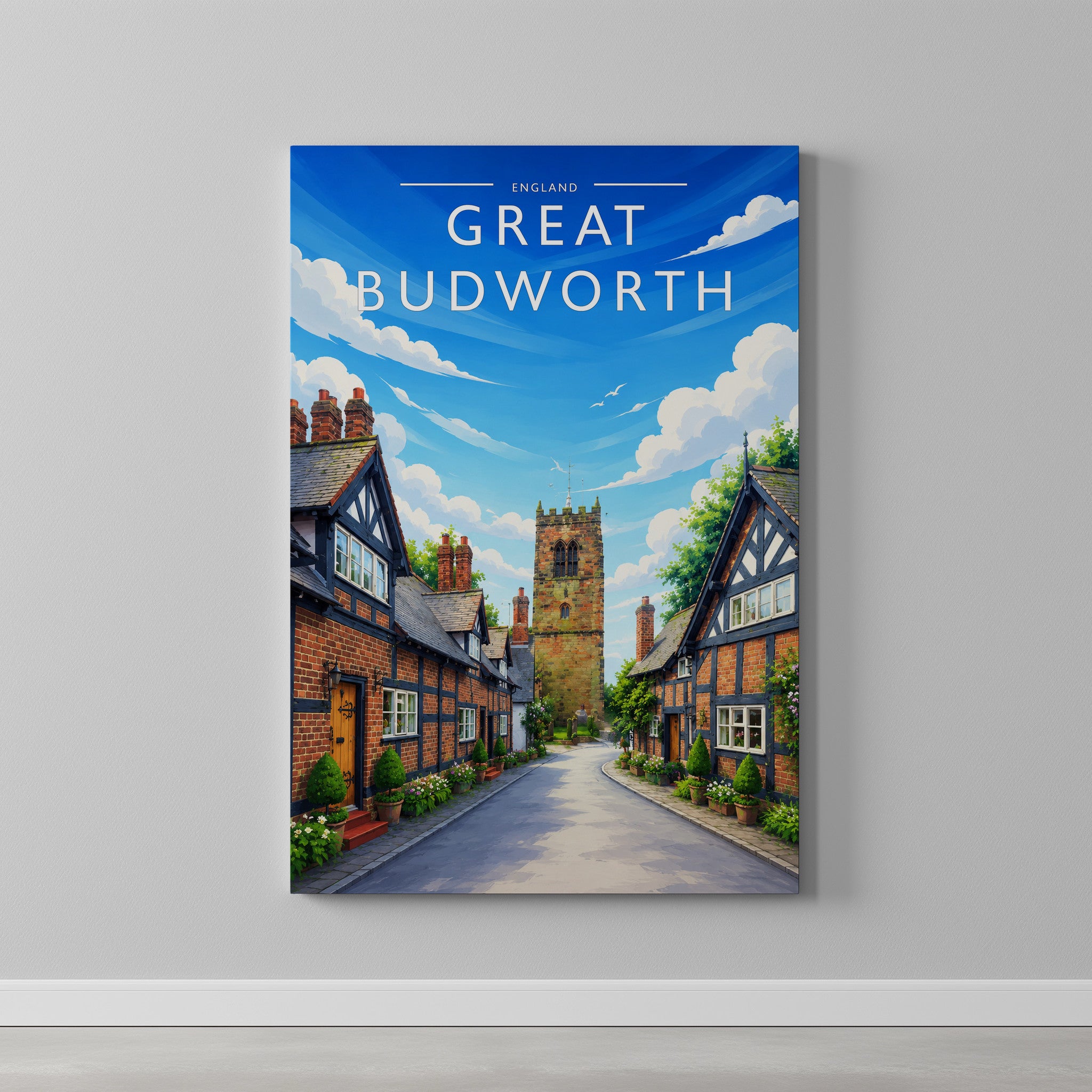 Great Budworth Travel Poster as a gallery-wrapped canvas on a plain wall