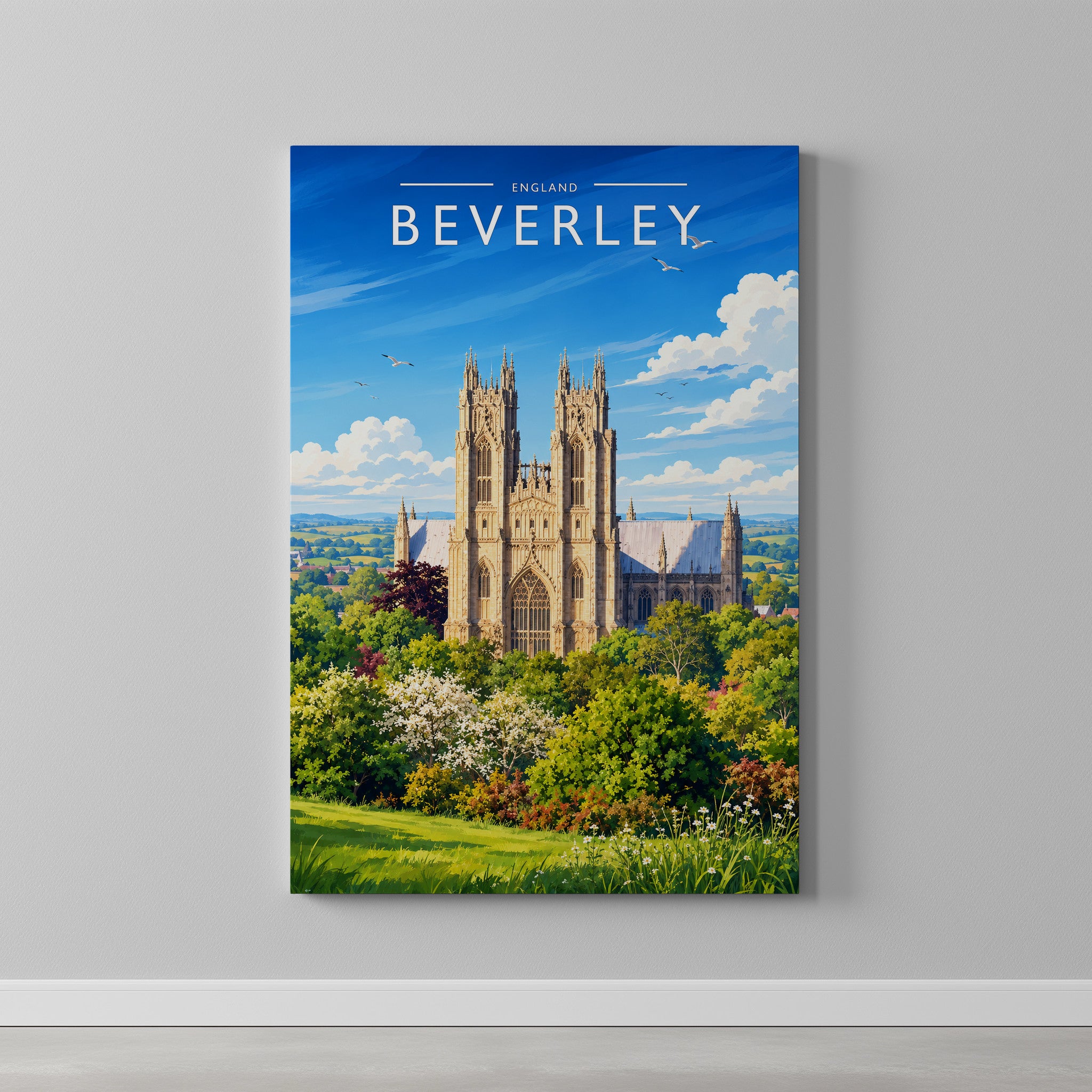 Beverley #3 Travel Poster as a gallery-wrapped canvas on a plain wall