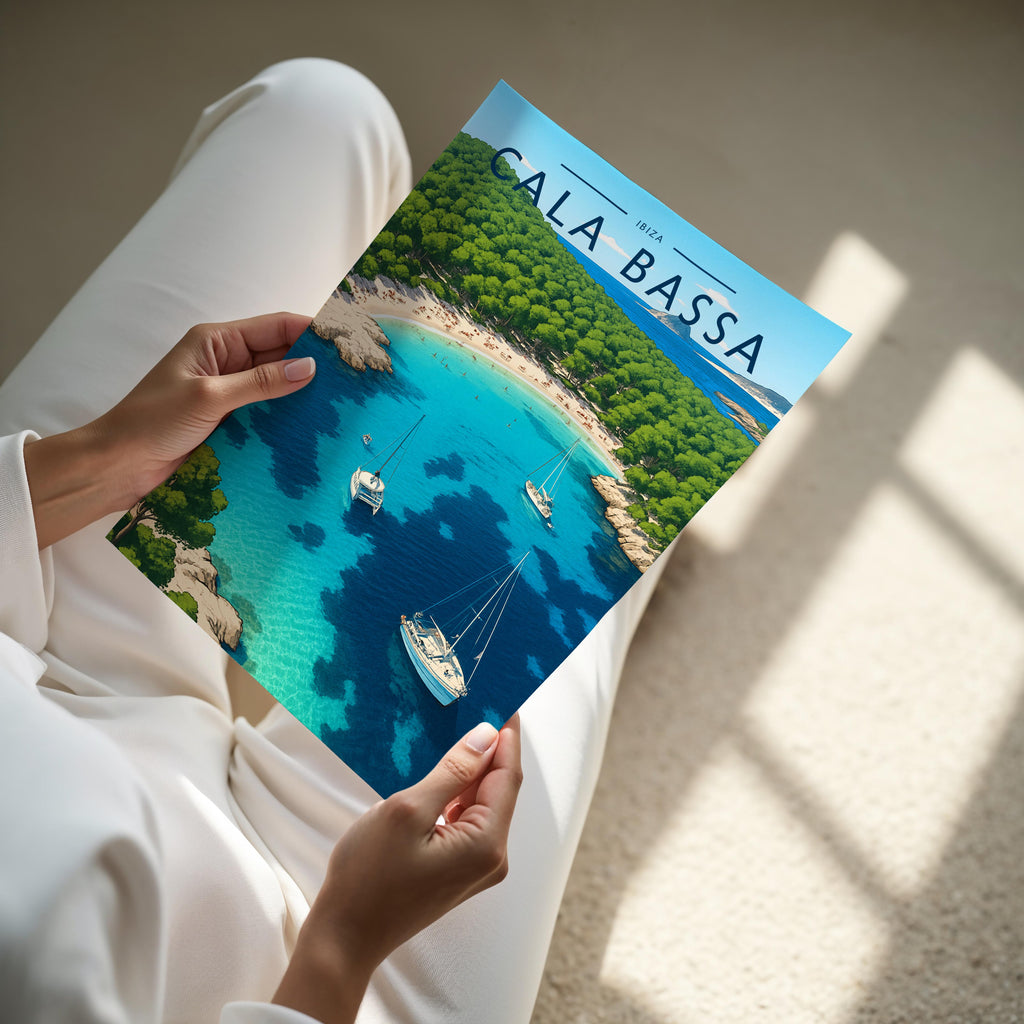 Cala Bassa Travel Poster - A4 print held in hand