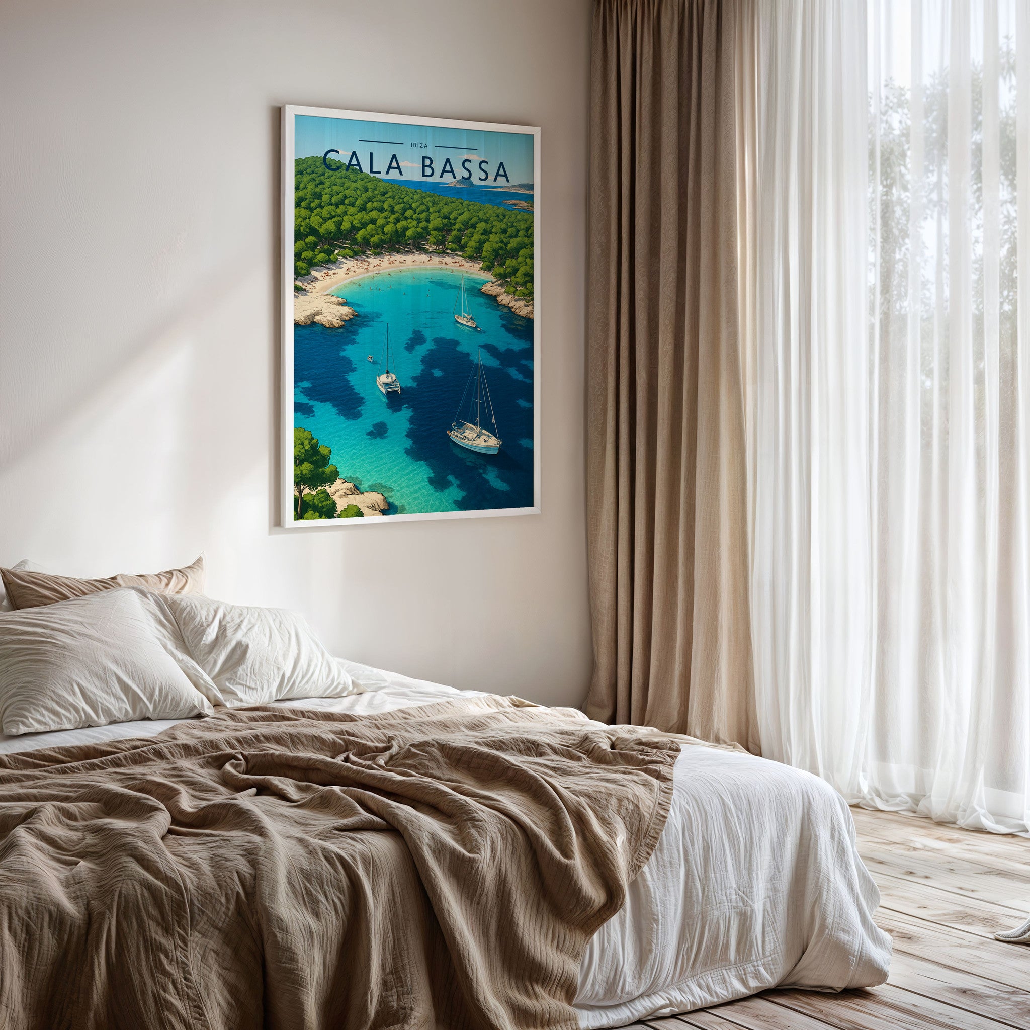 Cala Bassa Travel Poster framed on a bedroom wall