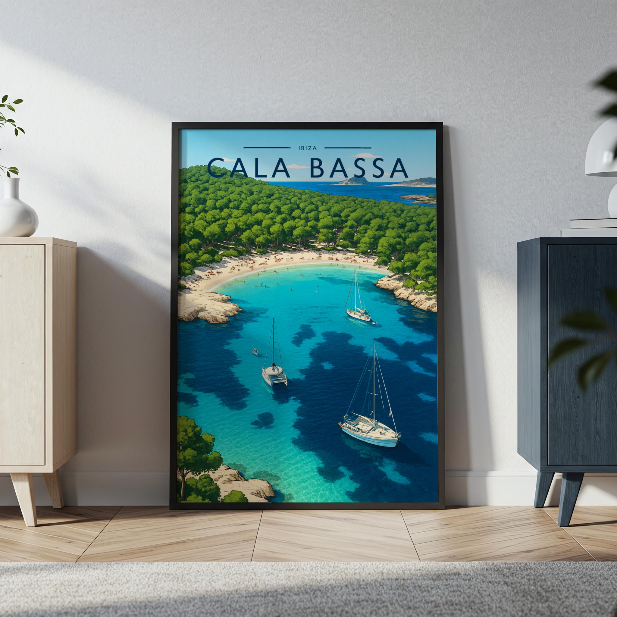 Cala Bassa Travel Poster in a black frame