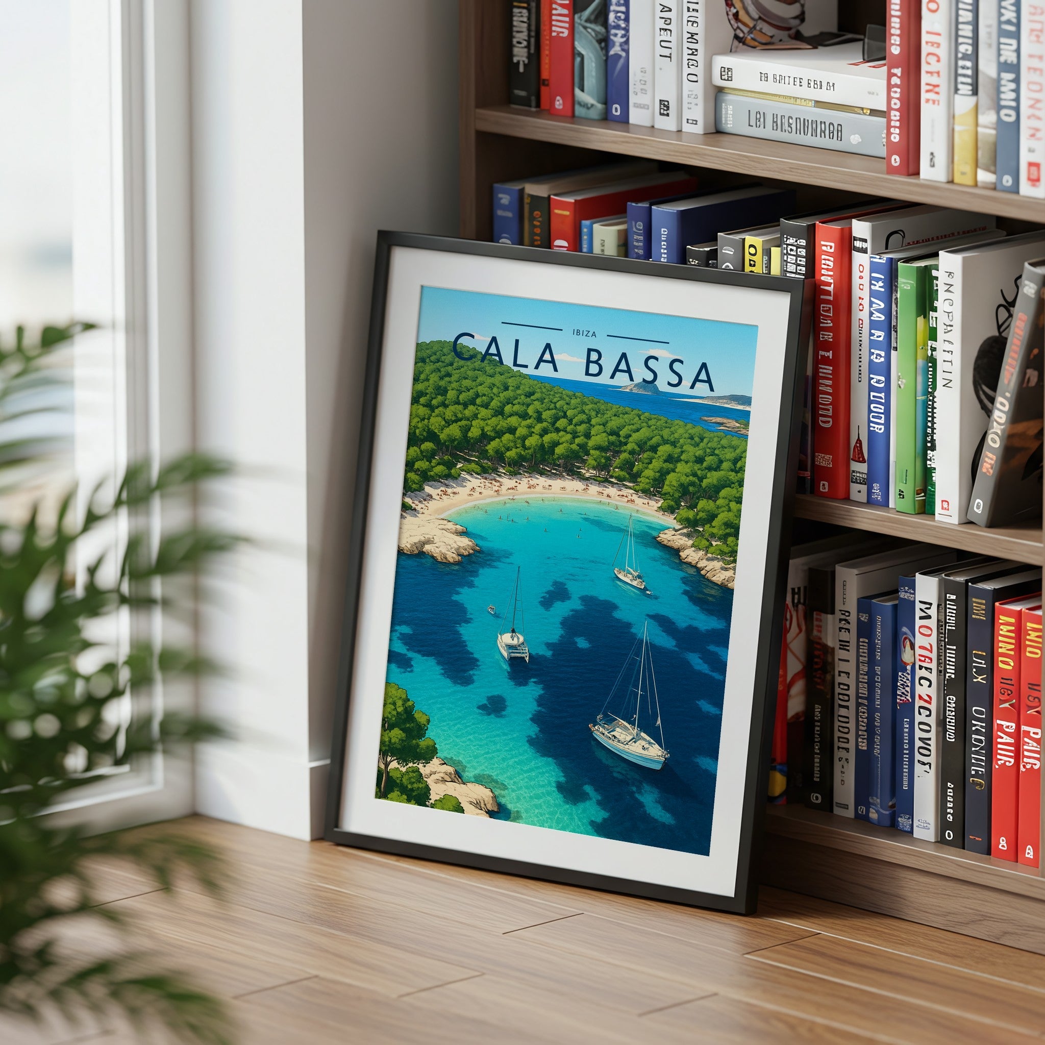 Cala Bassa Travel Poster mounted in a black frame