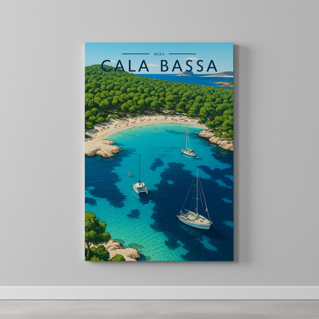 Cala Bassa Travel Poster as a gallery-wrapped canvas on a plain wall
