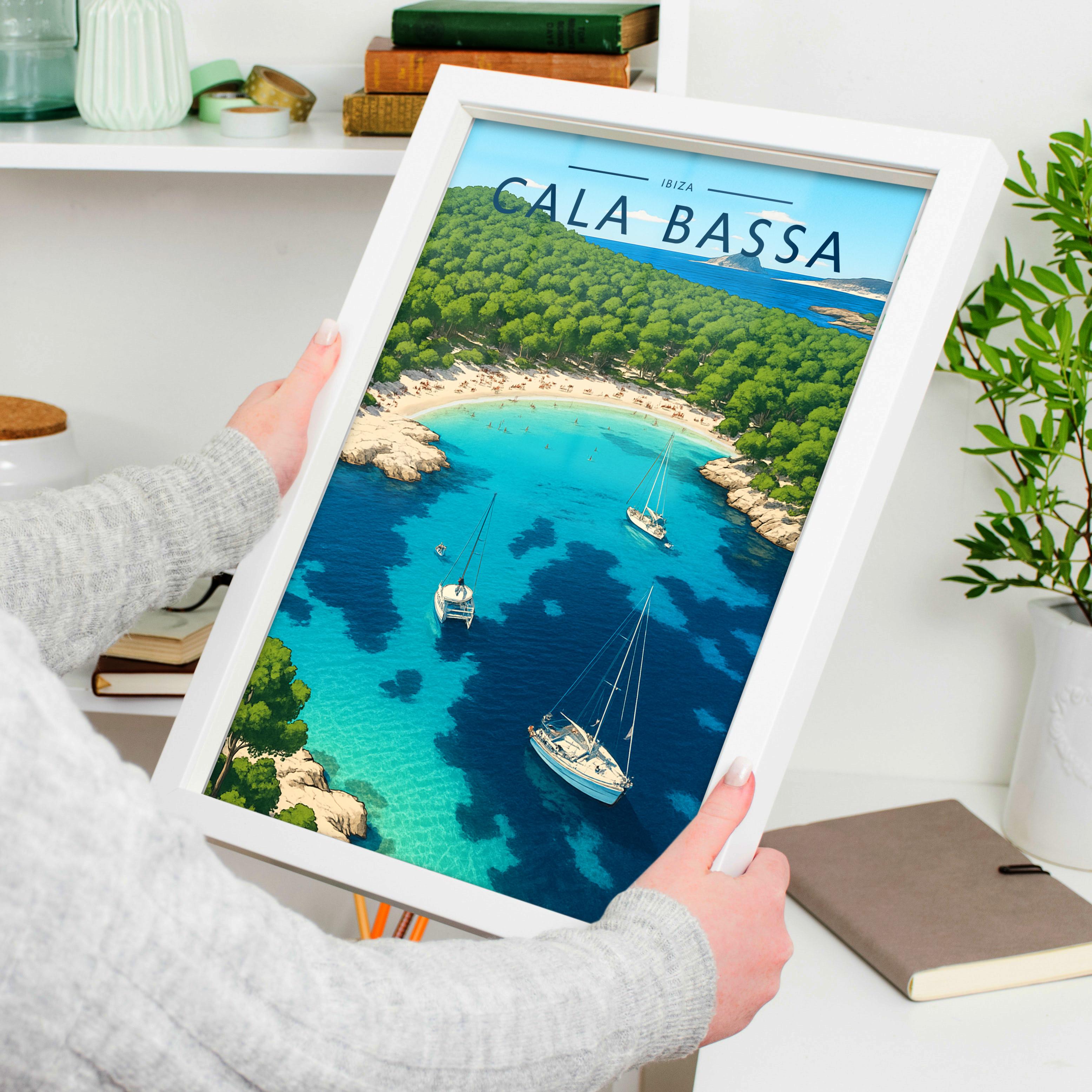 Cala Bassa Travel Poster held in a white frame