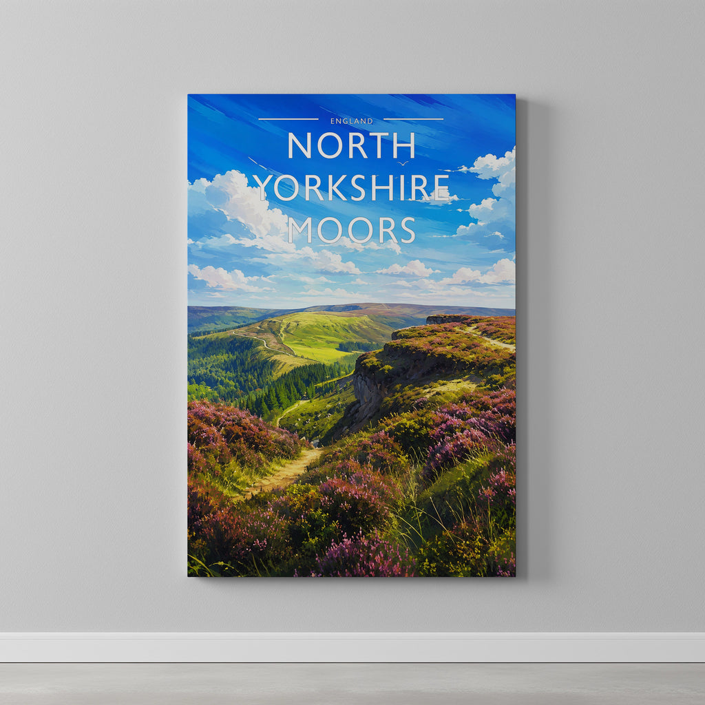 North Yorkshire Moors Travel Poster as a gallery-wrapped canvas on a plain wall