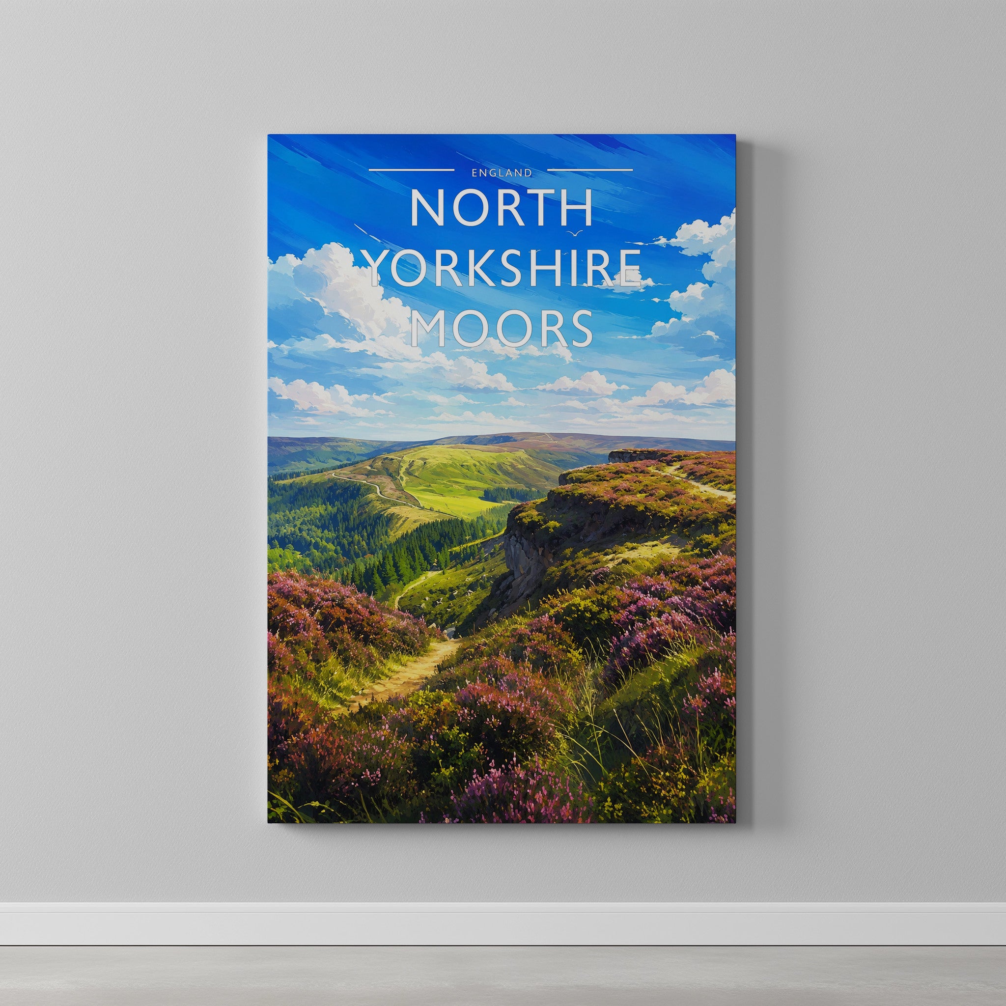 North Yorkshire Moors Travel Poster as a gallery-wrapped canvas on a plain wall