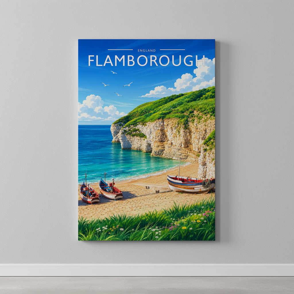 Flamborough #2 Travel Poster as a gallery-wrapped canvas on a plain wall