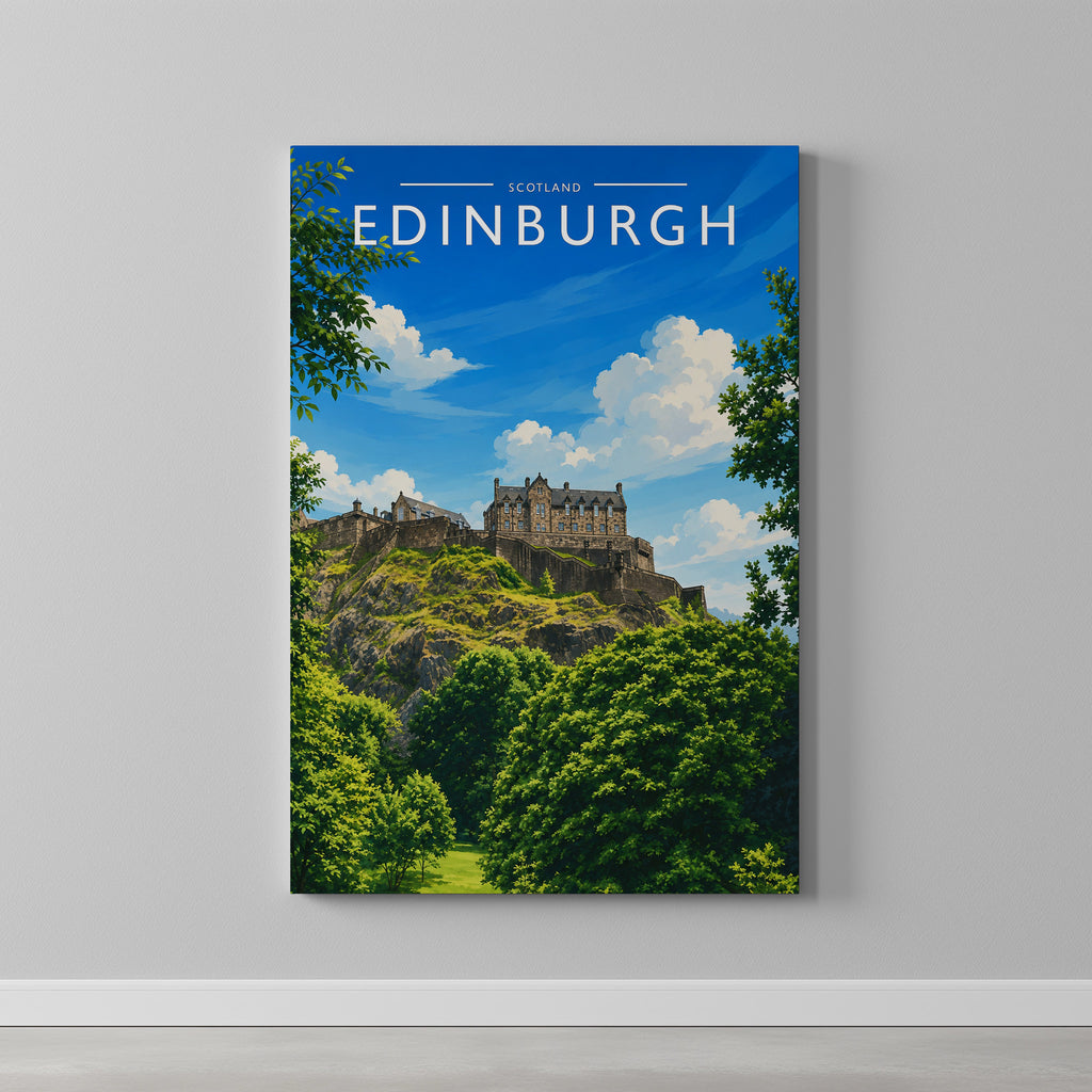 Edinburgh #7 Travel Poster as a gallery-wrapped canvas on a plain wall