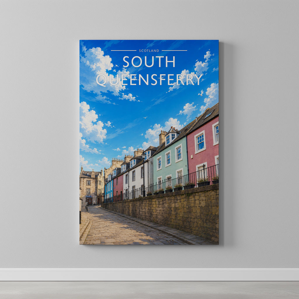 South Queensferry #2 Travel Poster as a gallery-wrapped canvas on a plain wall