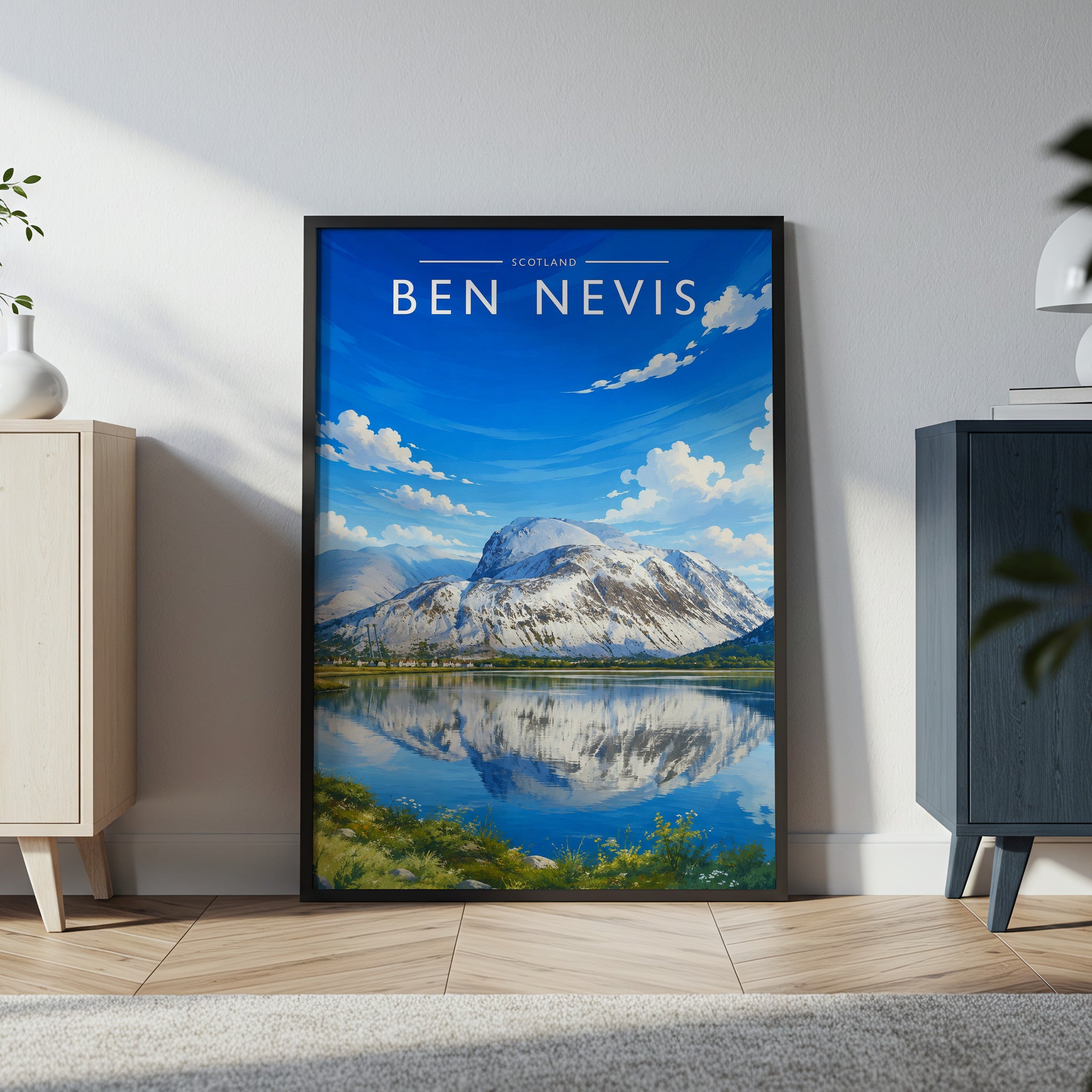 Ben Nevis Travel Poster in a black frame