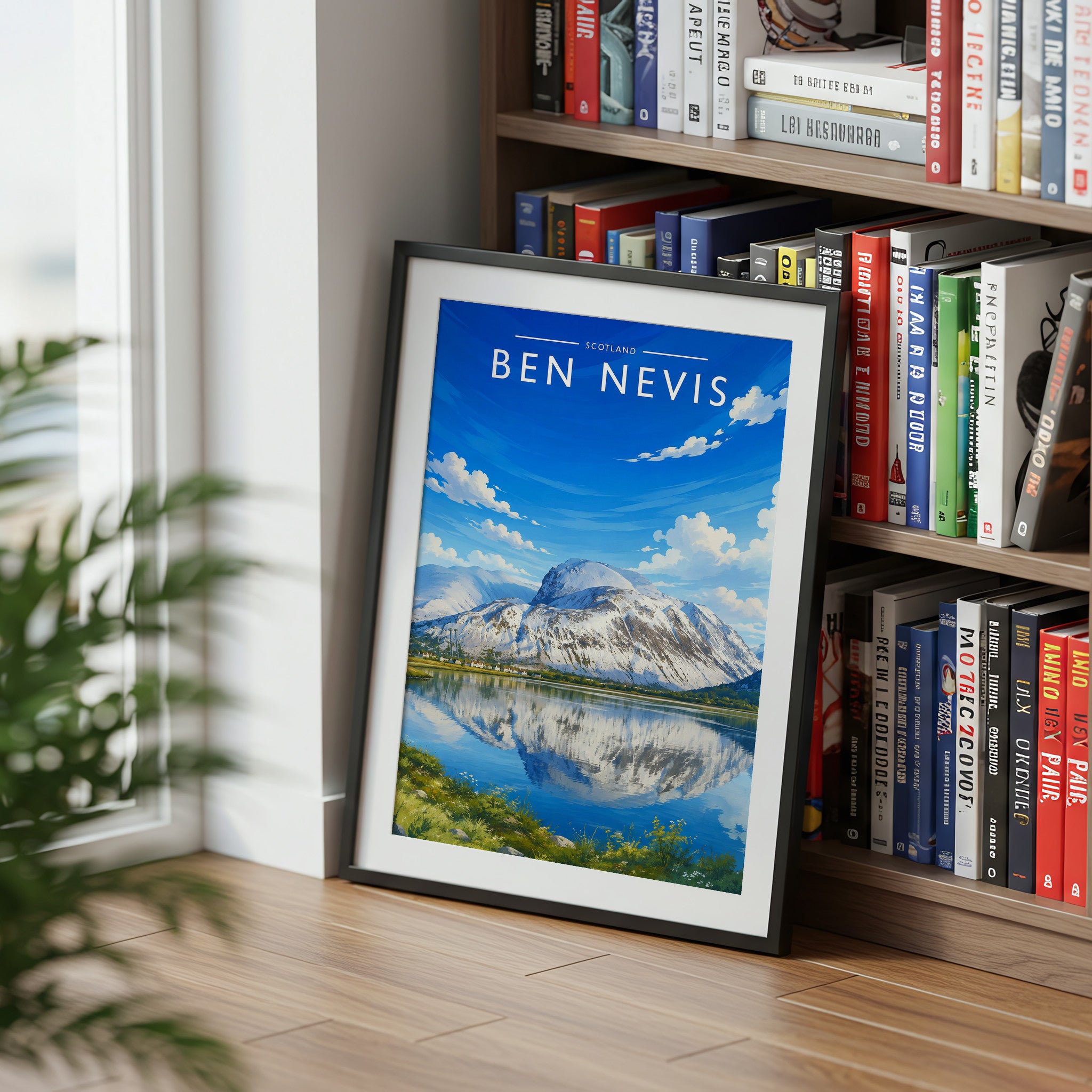 Ben Nevis Travel Poster mounted in a black frame