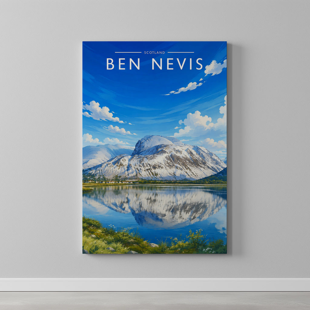 Ben Nevis Travel Poster as a gallery-wrapped canvas on a plain wall