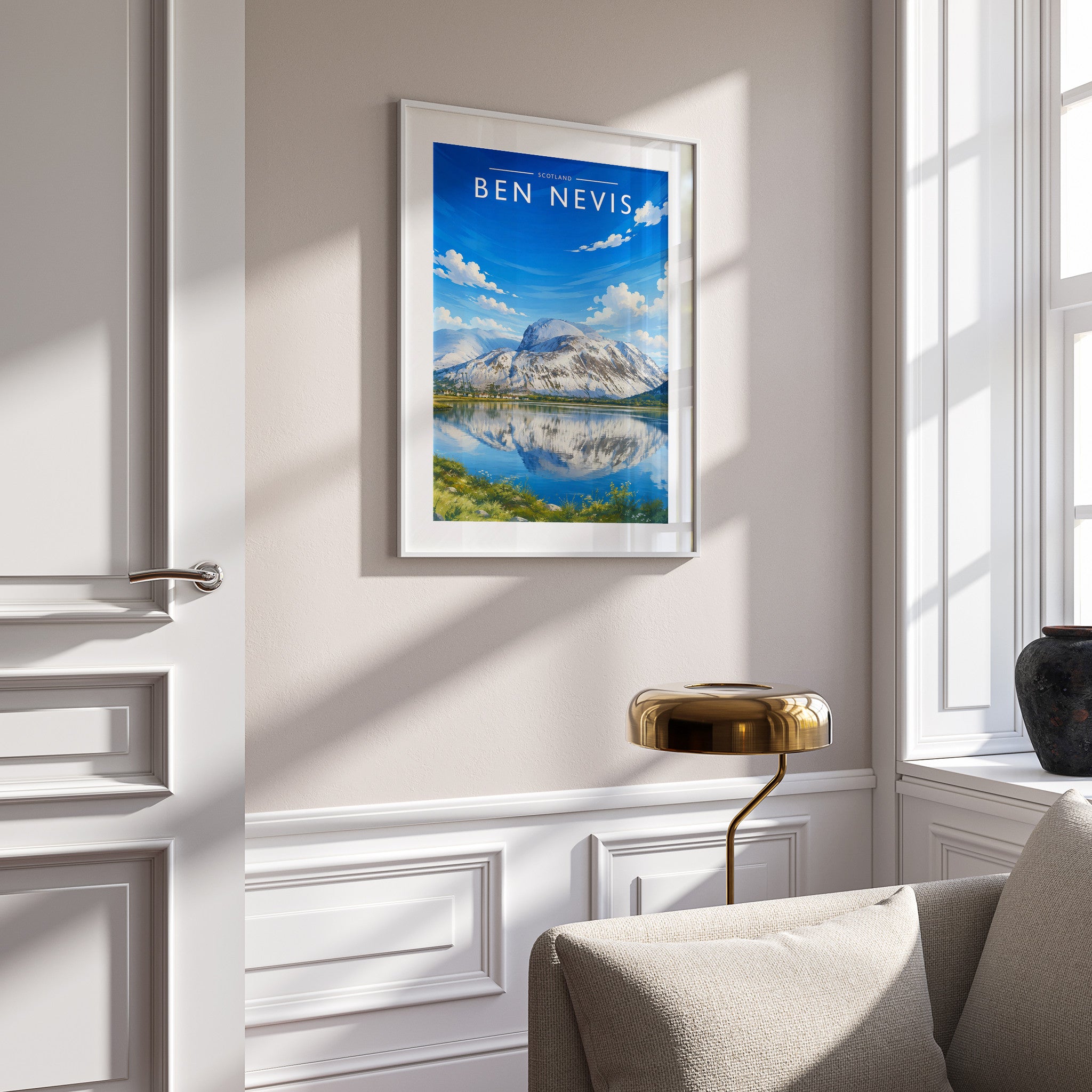 Ben Nevis Travel Poster mounted in a white frame