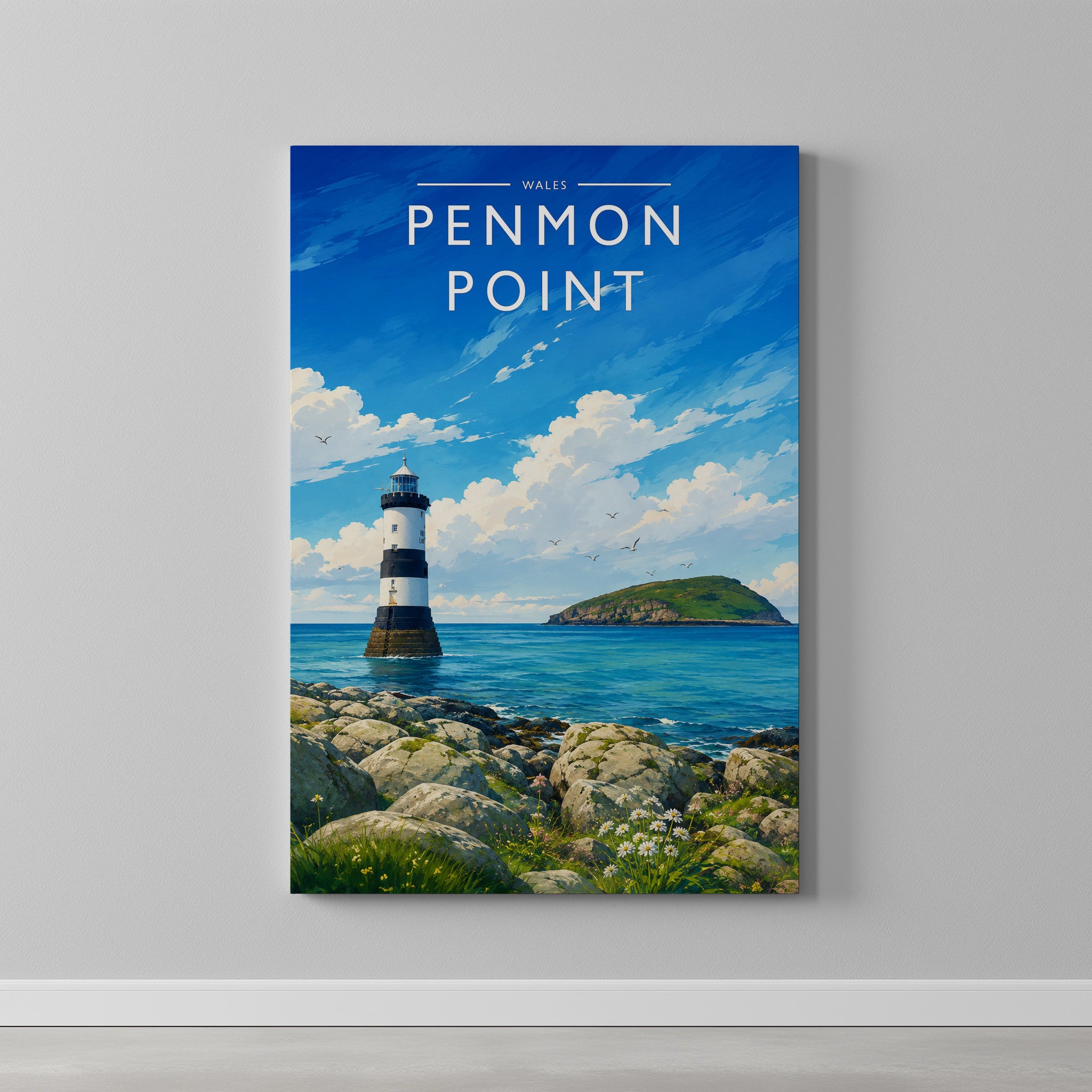 Penmon Point Travel Poster as a gallery-wrapped canvas on a plain wall