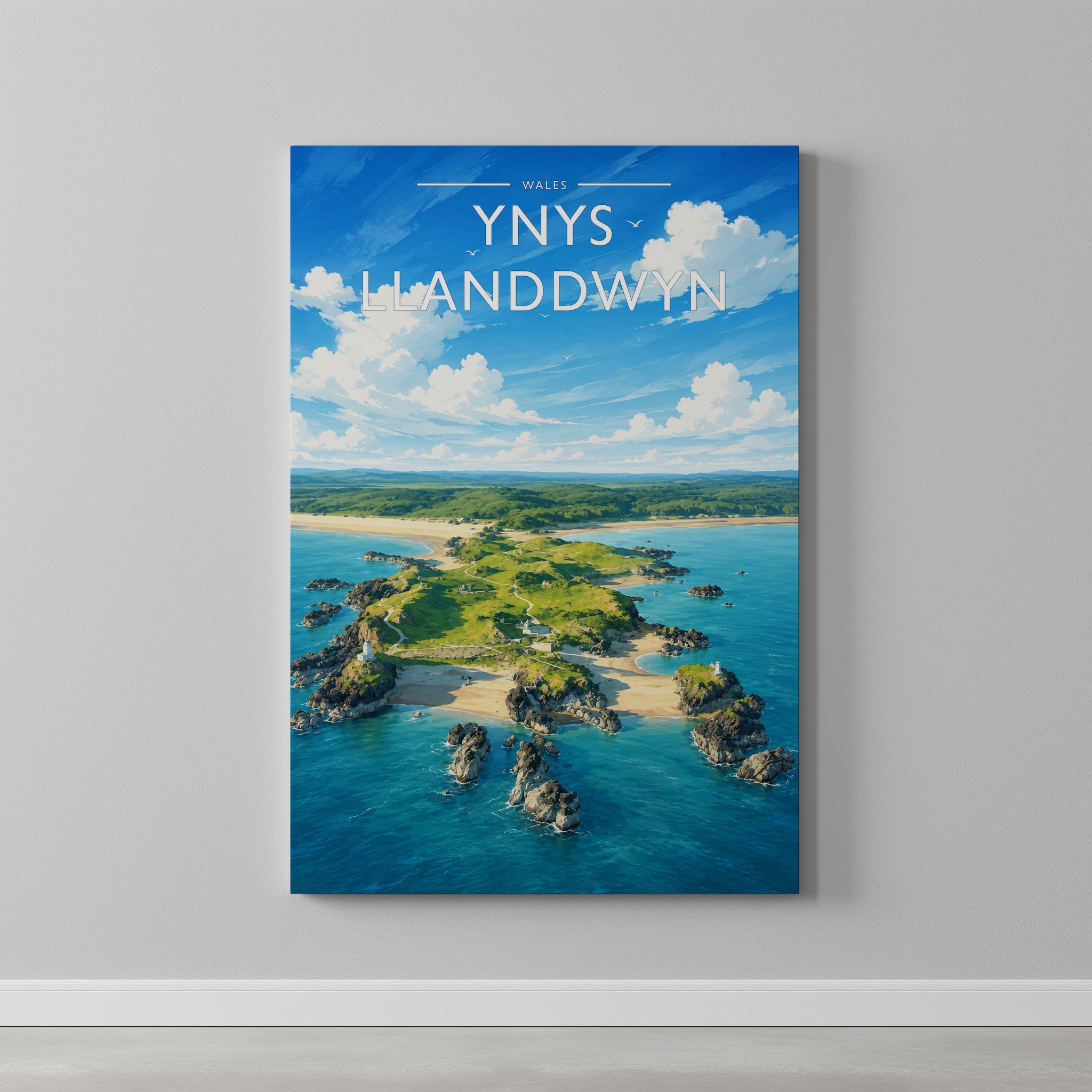 Ynys Llanddwyn #2 Travel Poster as a gallery-wrapped canvas on a plain wall