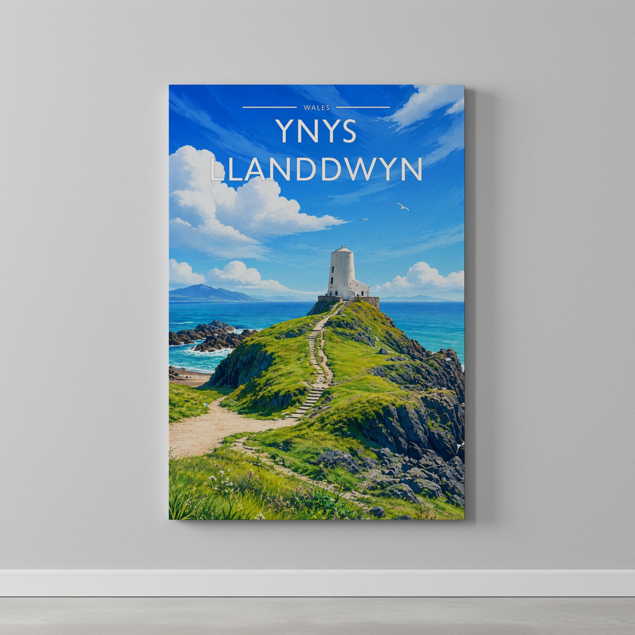 Ynys Llanddwyn #3 Travel Poster as a gallery-wrapped canvas on a plain wall