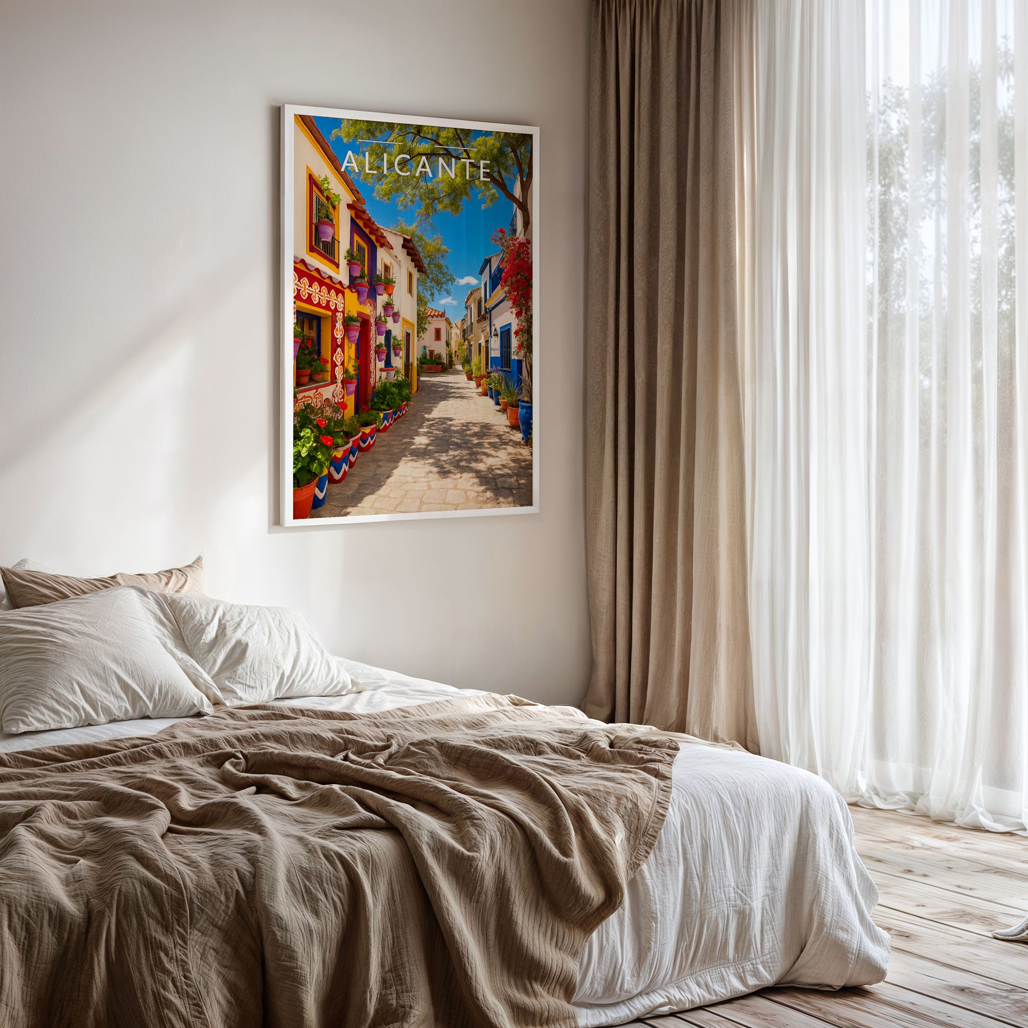 Alicante Travel Poster framed on a bedroom wall