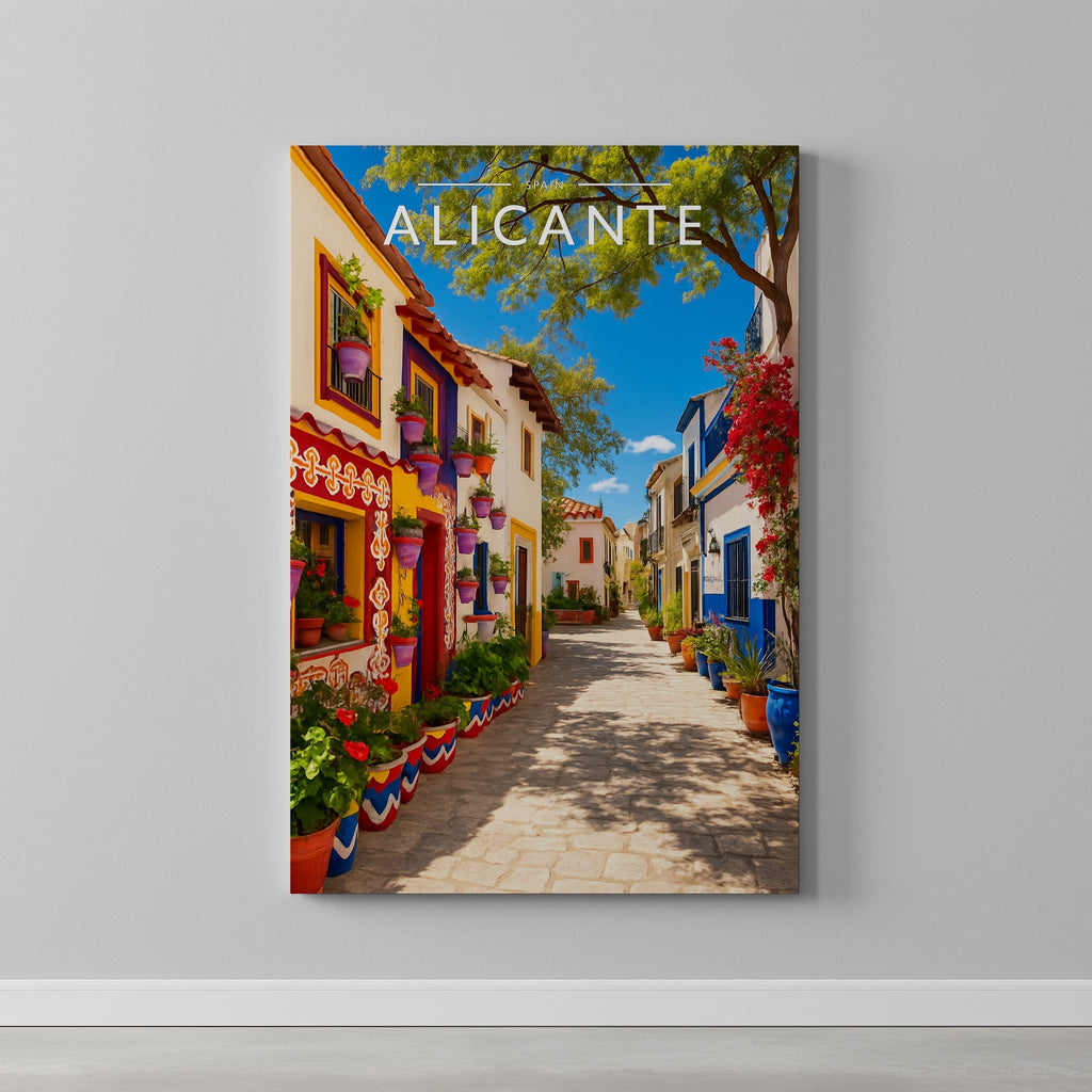 Alicante Travel Poster as a gallery-wrapped canvas on a plain wall