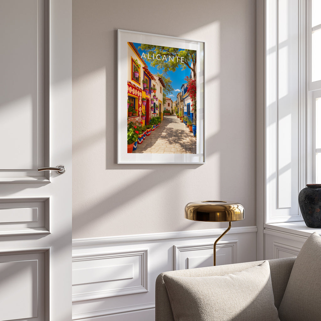 Alicante Travel Poster in a white frame on a panelled wall