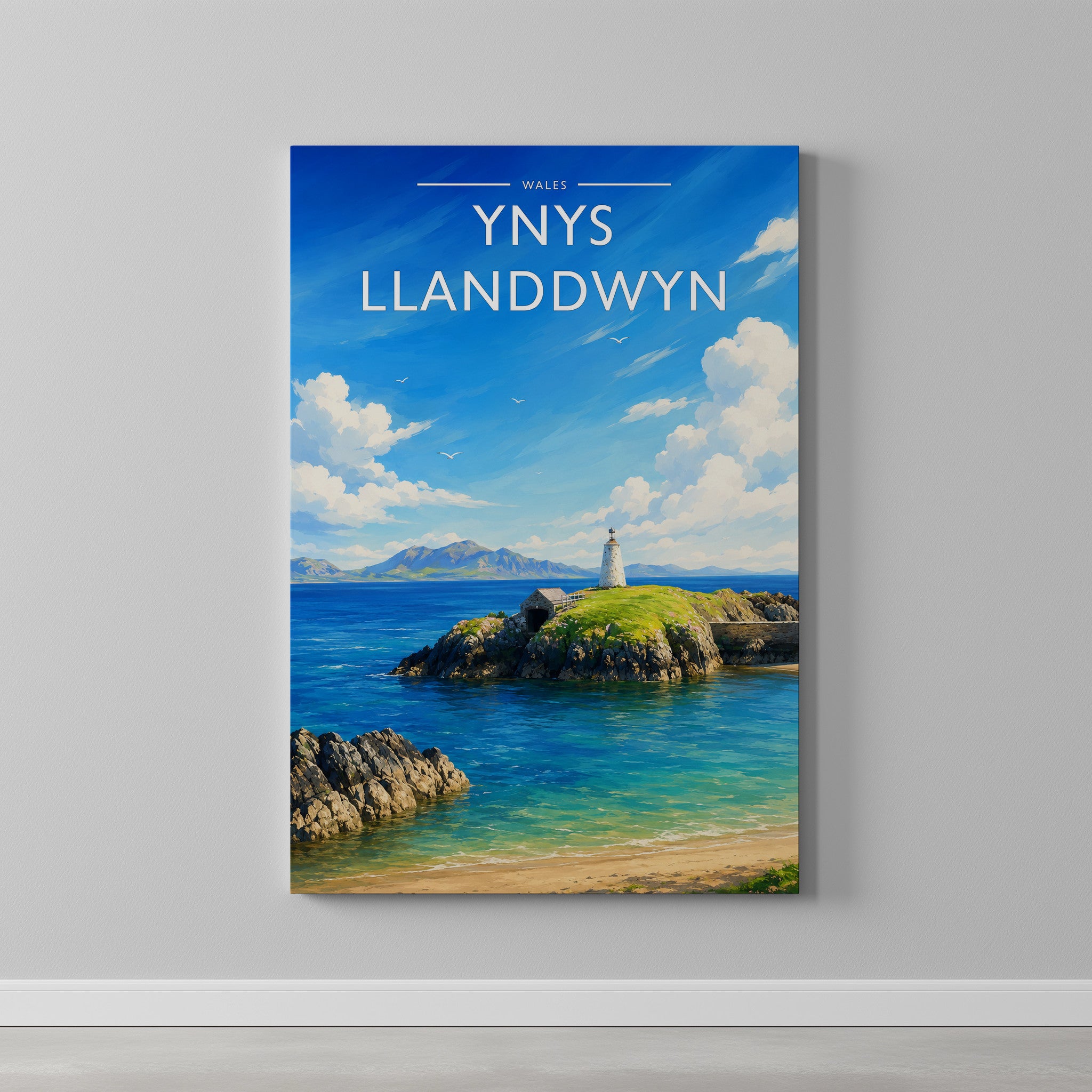 Ynys Llanddwyn #4 Travel Poster as a gallery-wrapped canvas on a plain wall