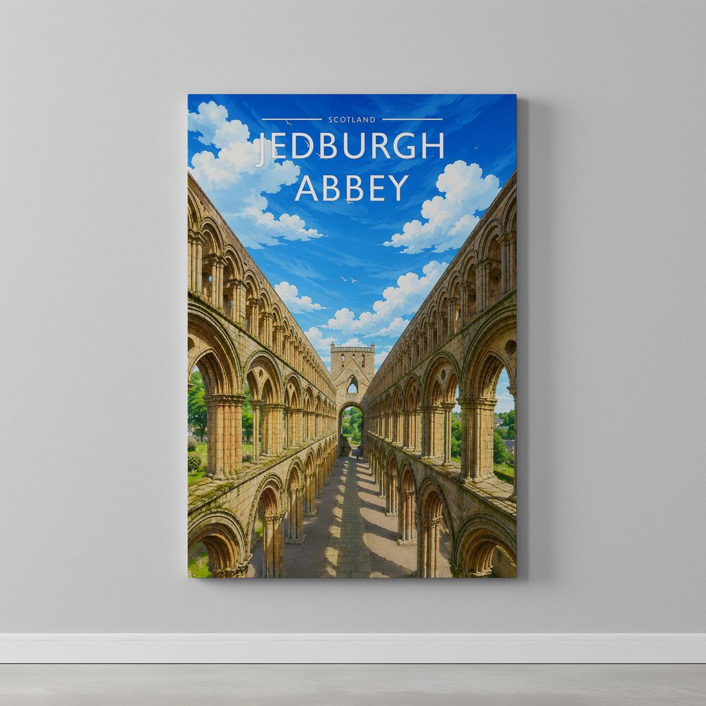 Jedburgh Abbey Travel Poster as a gallery-wrapped canvas on a plain wall