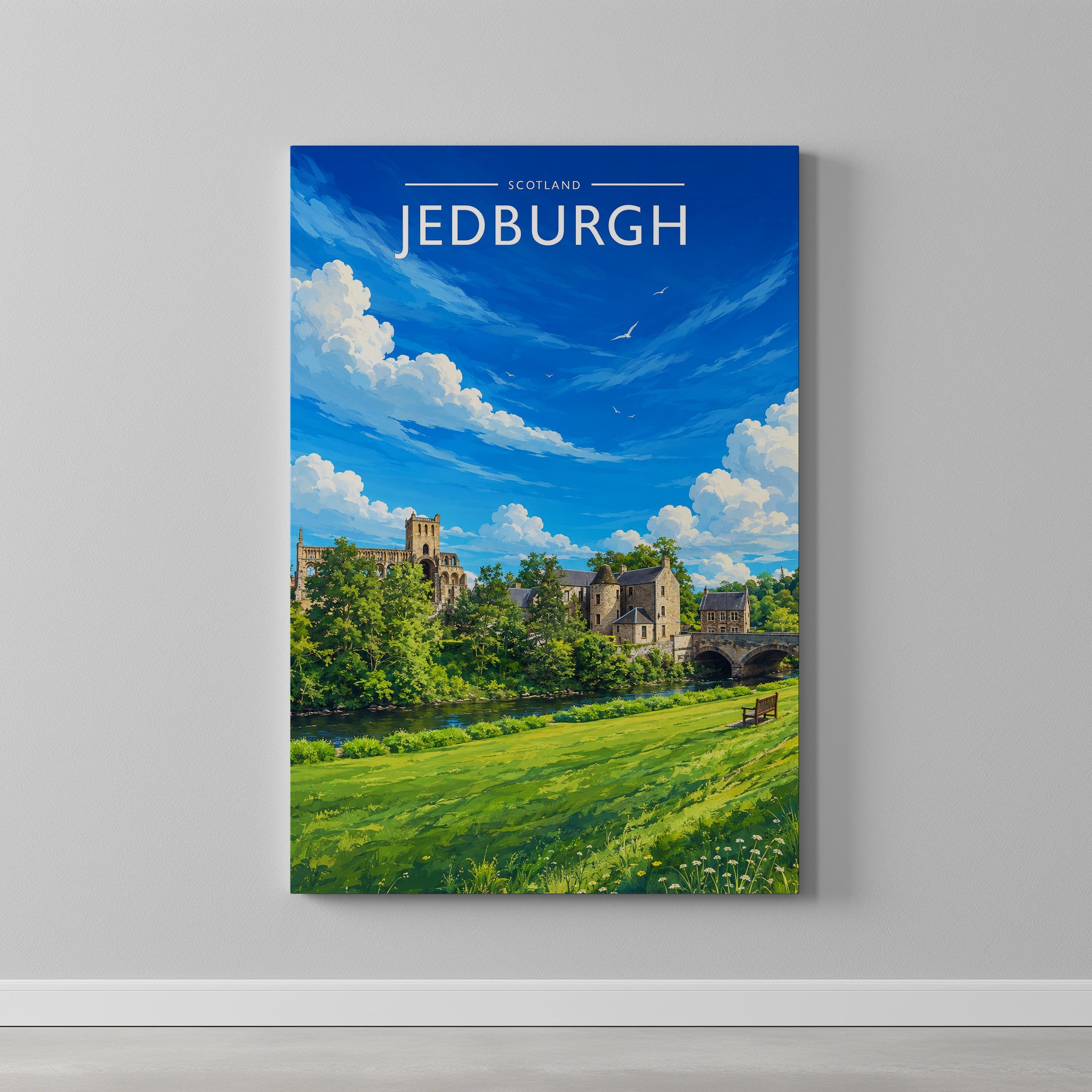 Jedburgh Travel Poster as a gallery-wrapped canvas on a plain wall