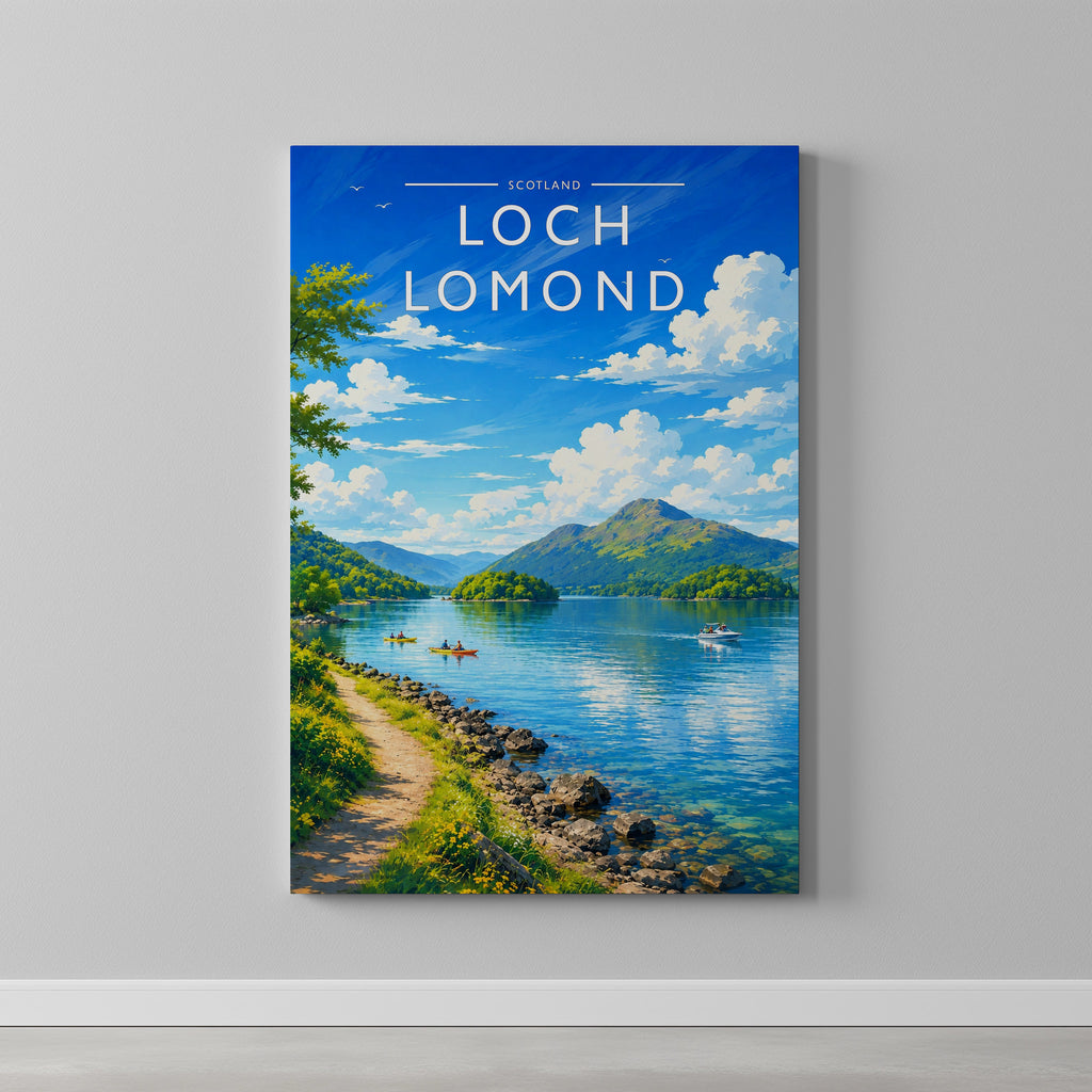 Loch Lomond Travel Poster as a gallery-wrapped canvas on a plain wall