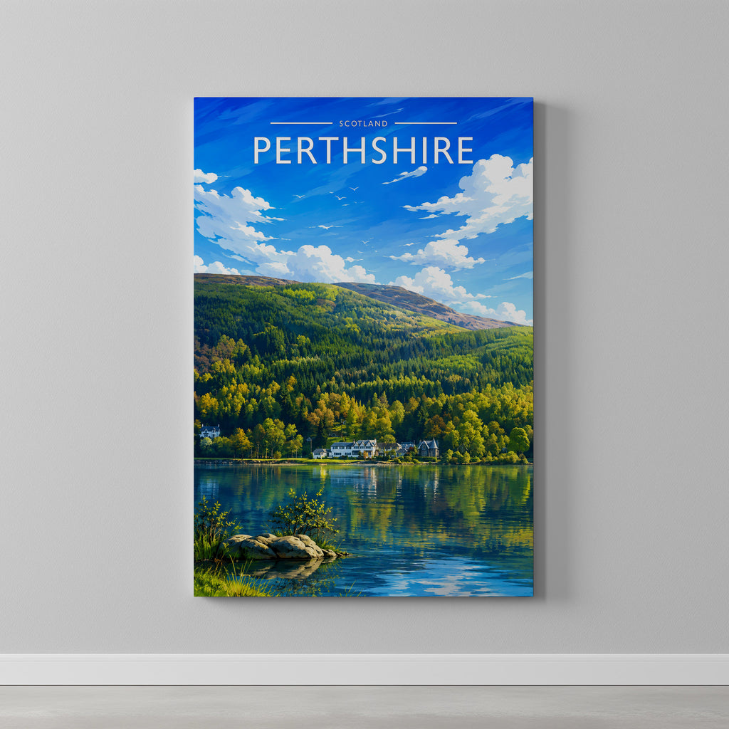 Perthshire Travel Poster as a gallery-wrapped canvas on a plain wall