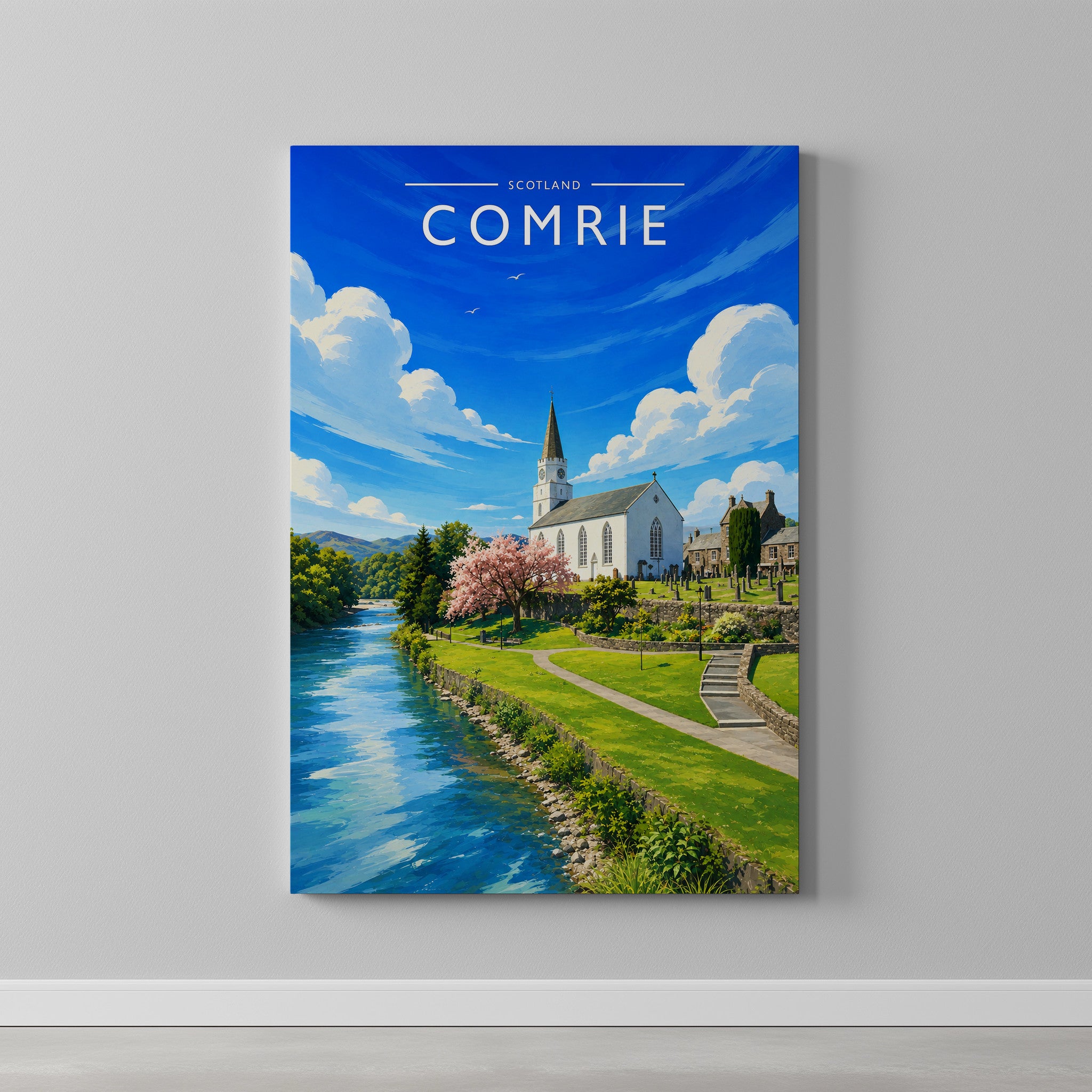 Comrie Travel Poster as a gallery-wrapped canvas on a plain wall