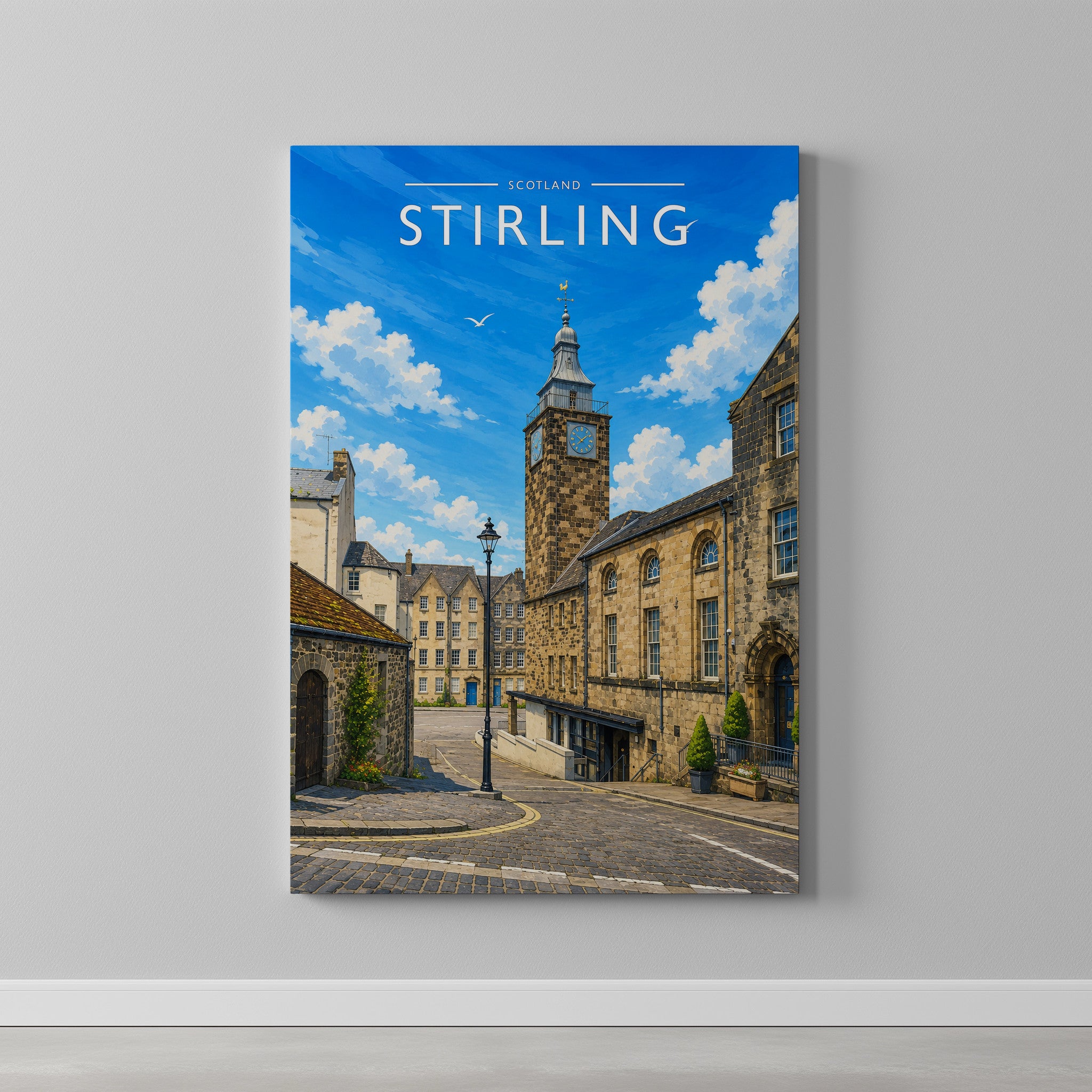 Stirling #4 Travel Poster as a gallery-wrapped canvas on a plain wall