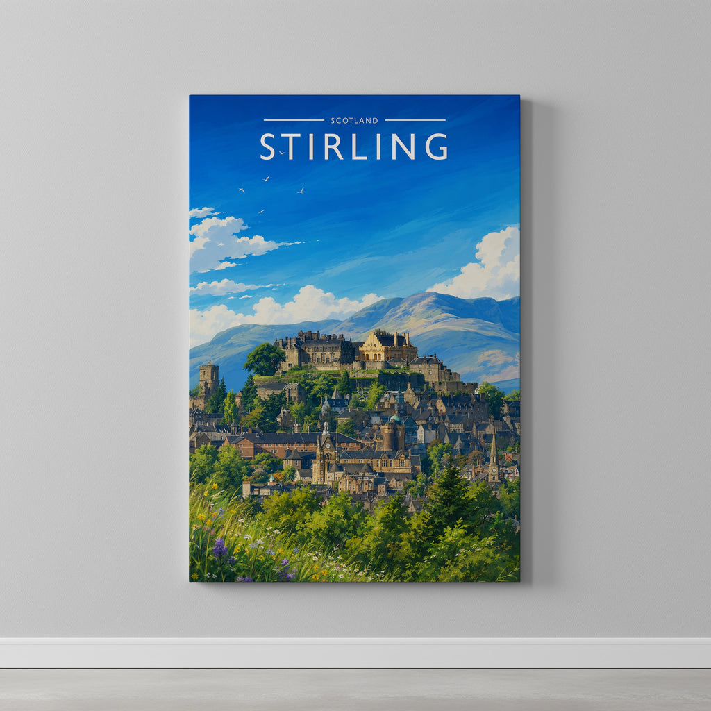 Stirling #5 Travel Poster as a gallery-wrapped canvas on a plain wall