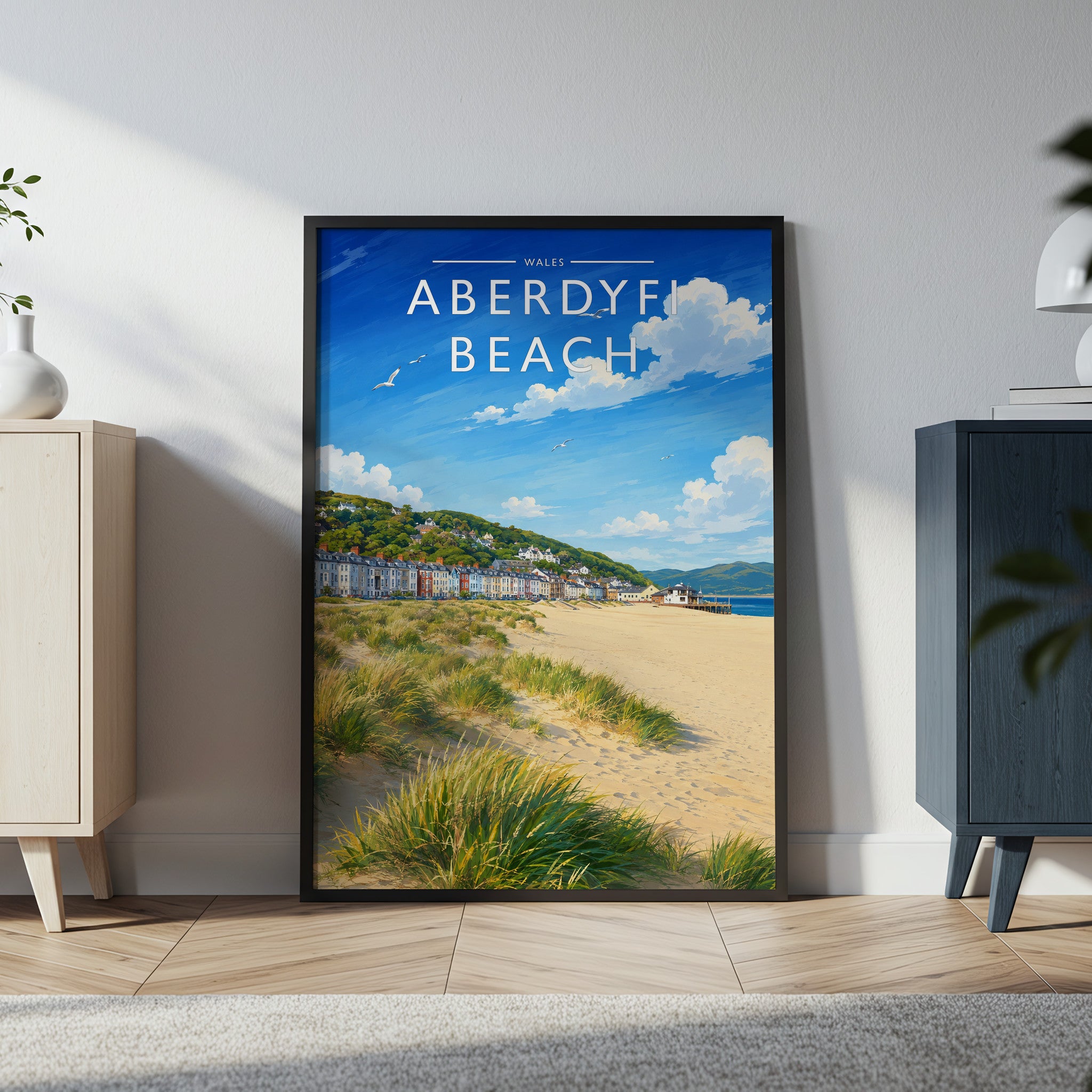 Aberdyfi Beach Travel Poster in a black frame