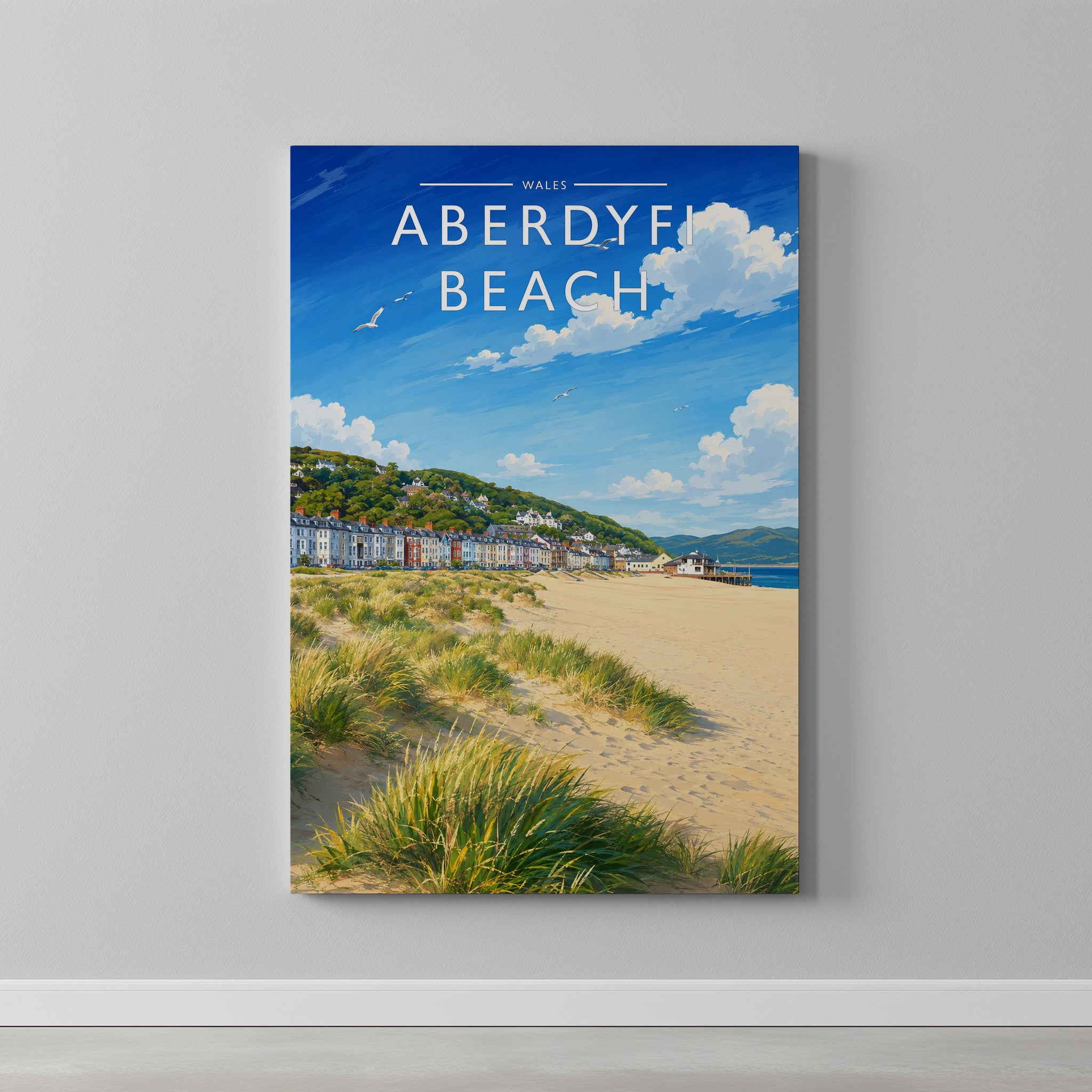 Aberdyfi Beach Travel Poster as a gallery-wrapped canvas on a plain wall