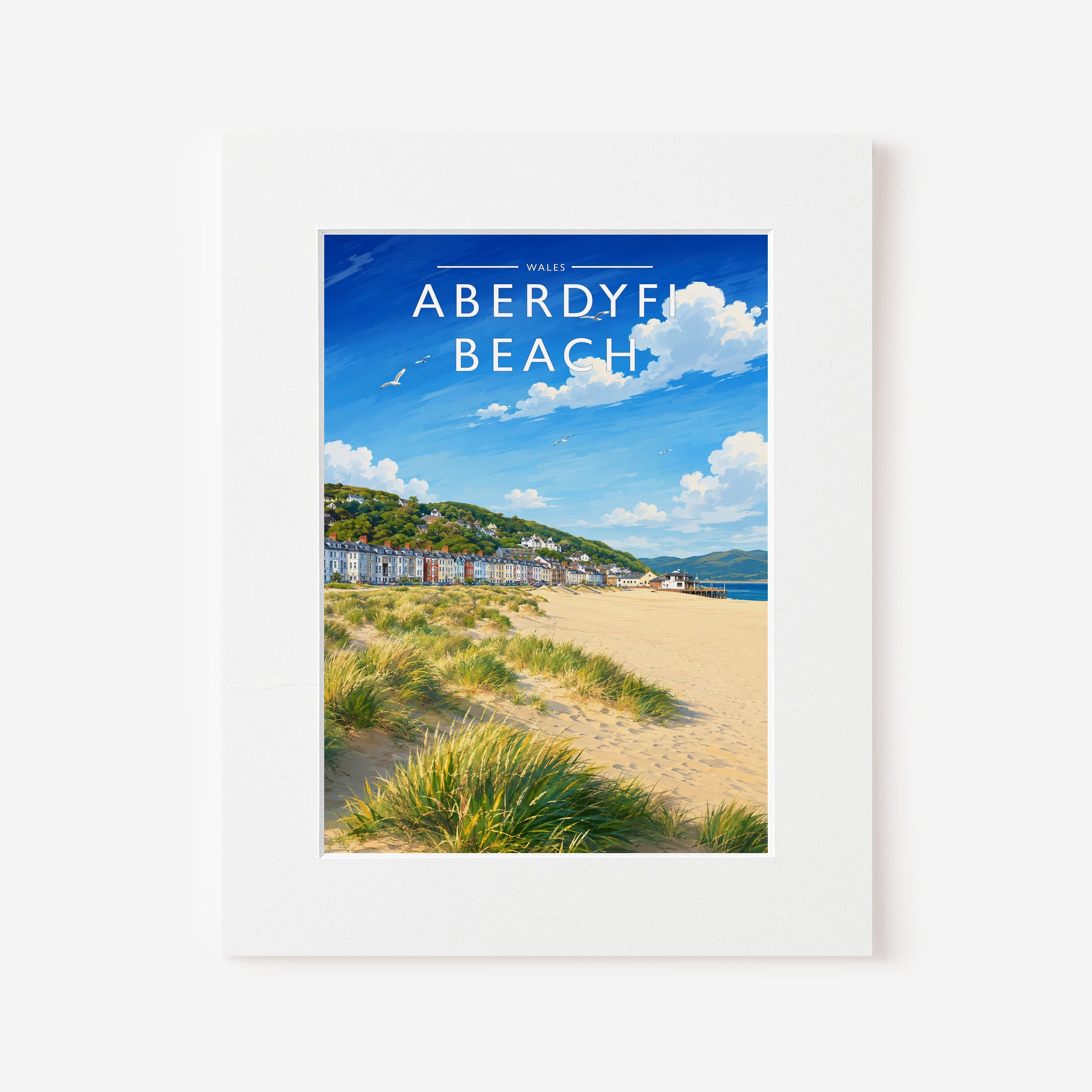 Aberdyfi Beach Travel Poster in a white mount board
